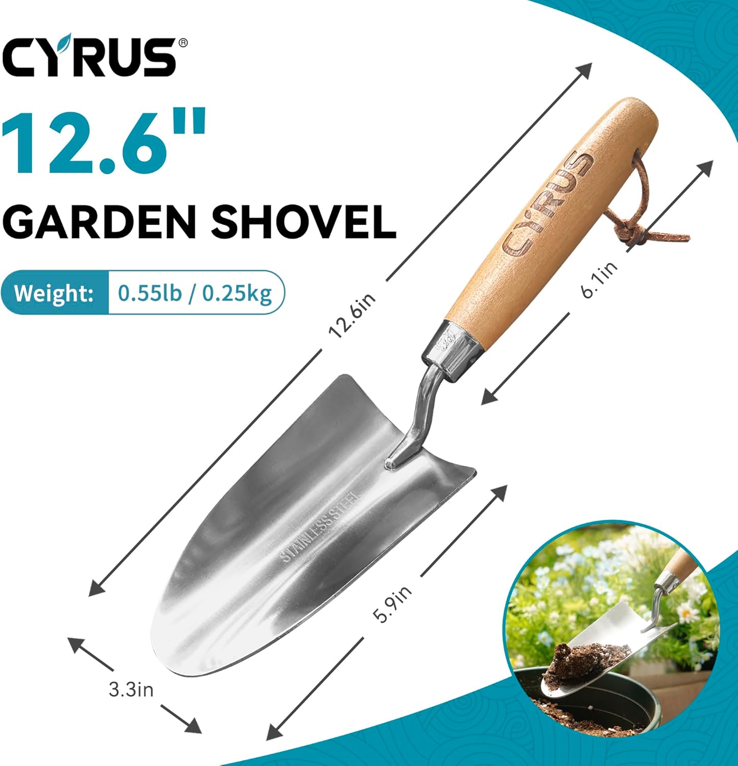 CYRUS 12.6”Garden Trowel,Heavy Duty Large Size Stainless Steel Garden Shovel with Ash Wood Handle,Suitable for Planting,Measuring,Weeding Multi-Functional Garden Spade