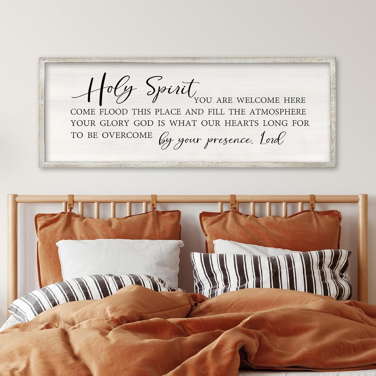 RLWangChao Christian Inspirational Wall Decor Holy Spirit You are Welcome Here Sign 40×15 Inch Bible Verse Plaque Religious Scripture Quote for Living Room Large Wood Framed Wall Hanging (White)