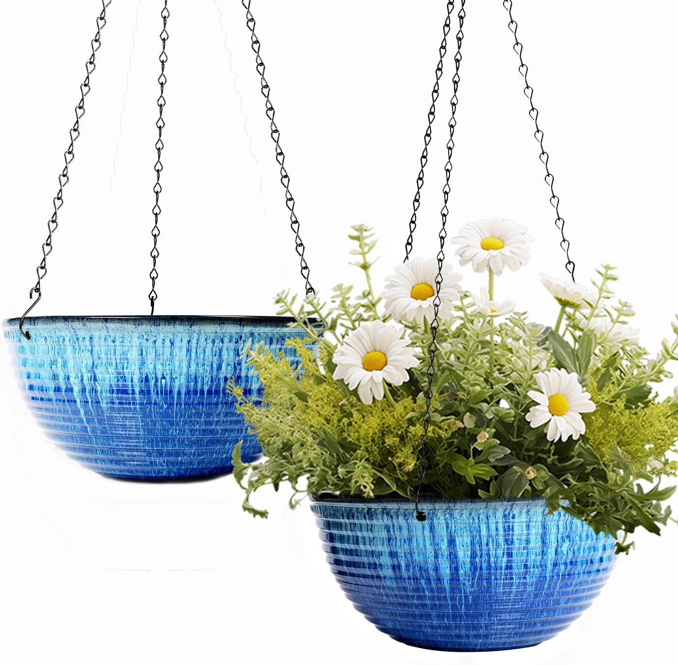 10inch Hanging Planters for Indoor and Outdoor Plants, 2 Pack Hanging Planter with Drainage Hole, Round Hanging Flower Pots for Garden Home Decor (Blue Glaze)