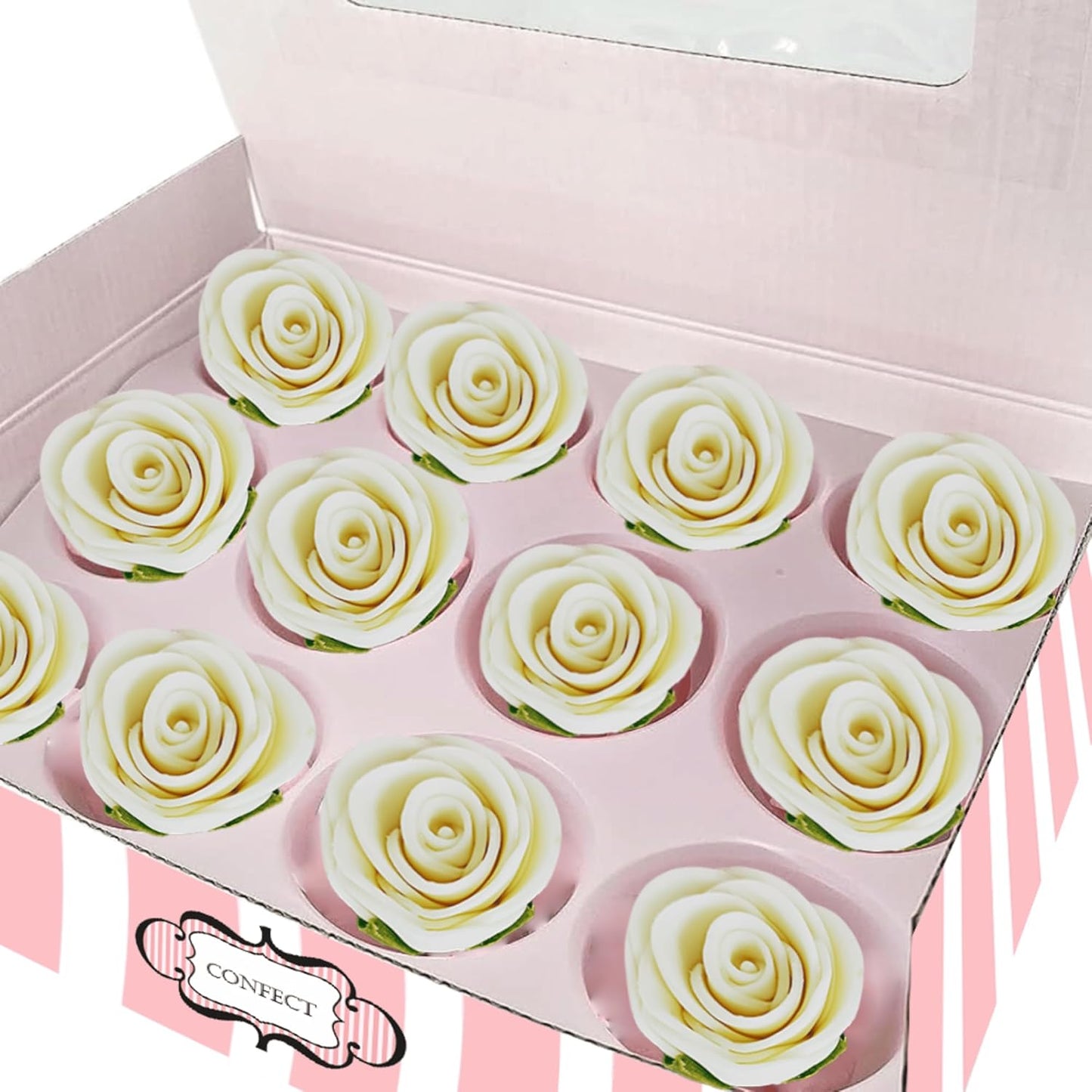 Confect Edible Flower | Edible Flower for cake & Cupcake decorations | Doughnut Edible Toppers | White venetian Flower - Vegan, Gluten-Free, Soy-Free, Dairy-Free, Palm Oil-Free -Pack of 12