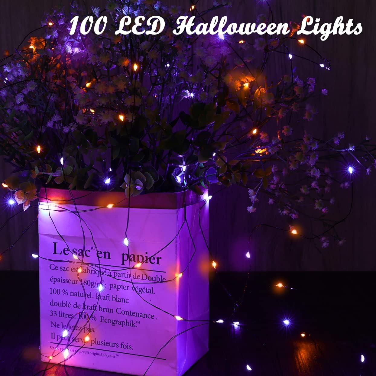 Lomotech 2 Pack Solar Lights, 33ft 100LED Orange Purple Twinkle Fairy Lights Waterproof 8 Modes Outdoor for Halloween Party DIY Decoration Black Wire