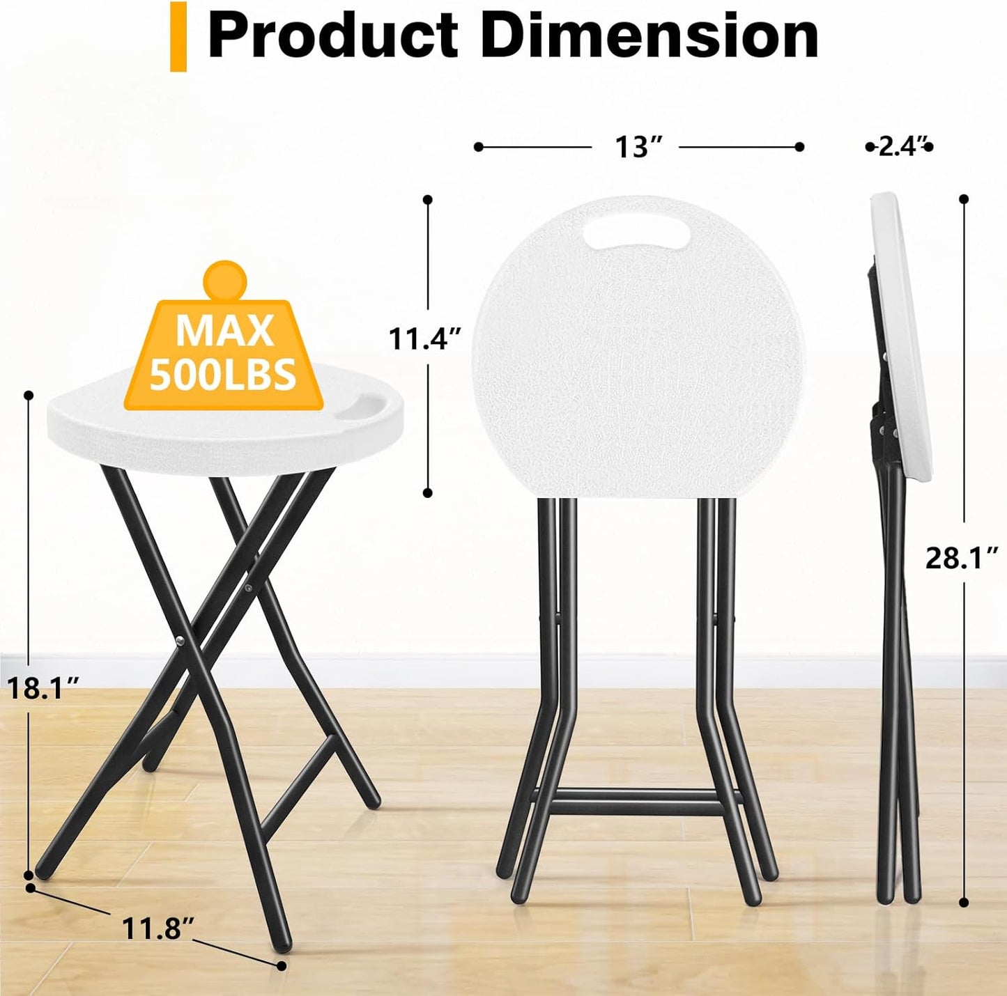 TAVR Furniture Portable Folding Chair with Handle, Heavy Duty Round Fold Stool Chair with 500lbs Capacity for Adults, 18 Inch Foldable Stool for Dorm, Kitchen, Vanity, Church and Outdoor use