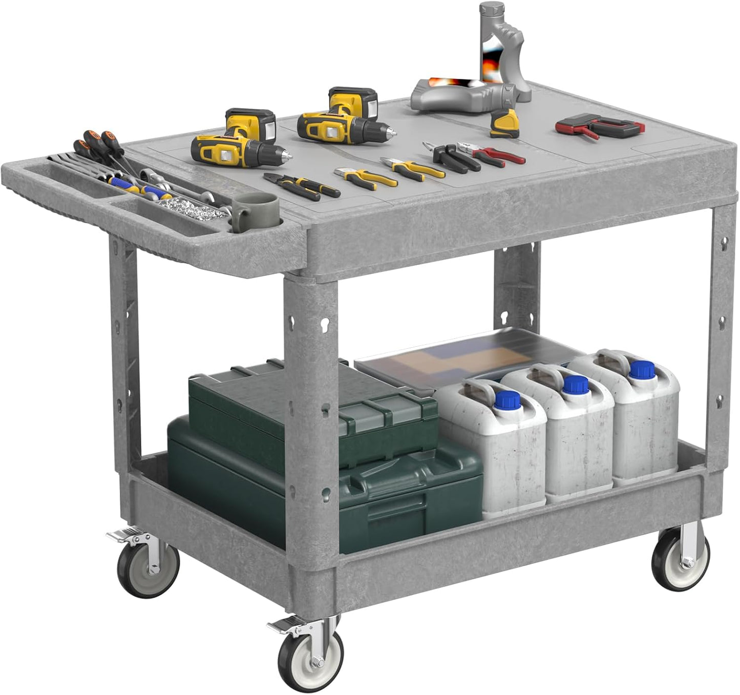 Heavy Duty Flat Top Utility Cart with Wheels 2-Tier Utility Plastic Service Work Cart for Shop, Garage, Warehouse, Maintenance 550 lbs