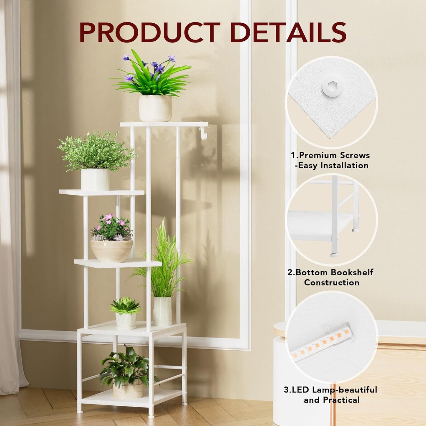 Plant Stand Indoor with Grow Light, 5-Tiered Tall Plant Stand Indoor, Metal Plant Shelf with Hanging Basket Hook and Adjustable Light, Ideal for Living Room, Garden, Patio white