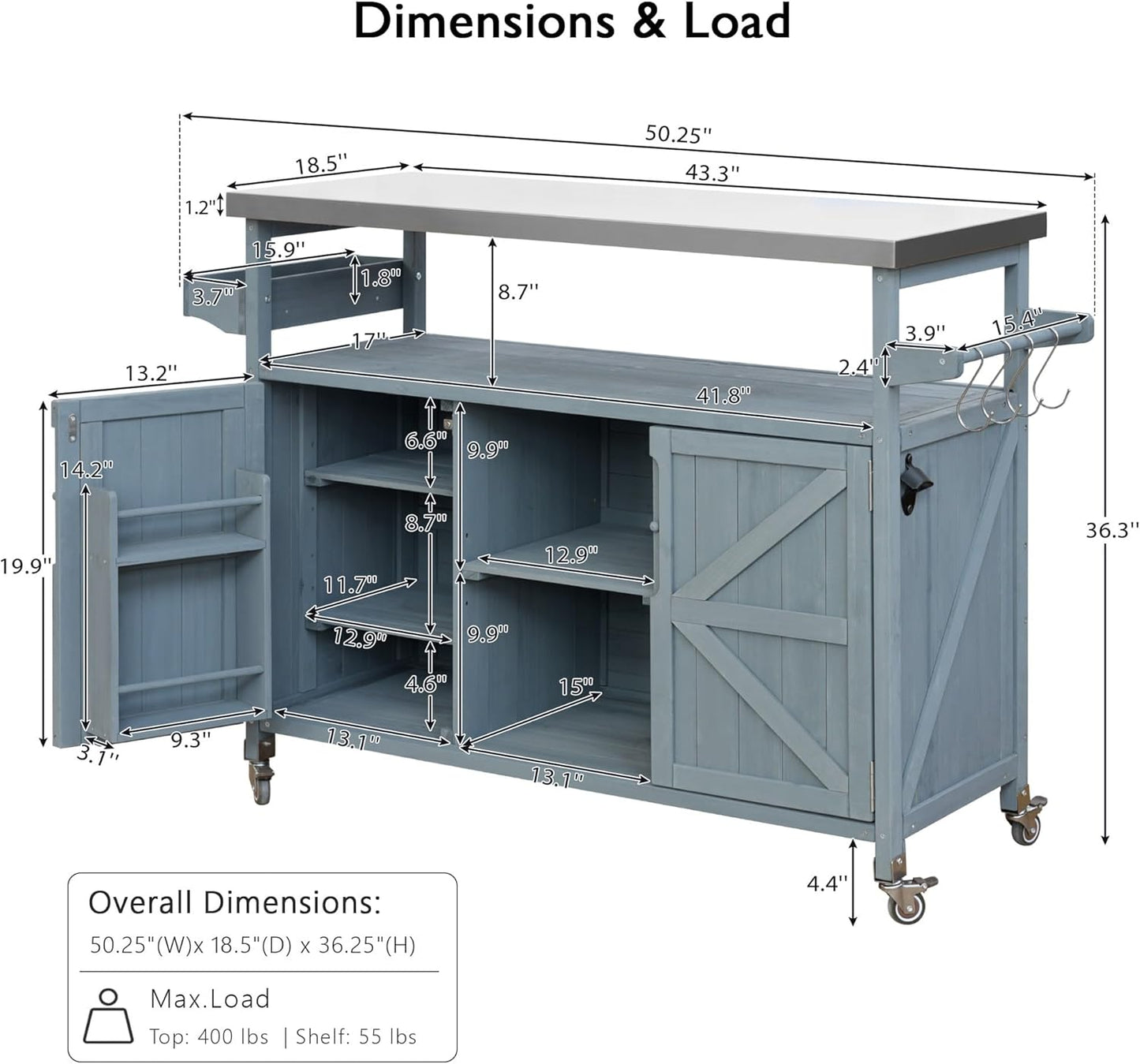 Outdoor Grill Carts for Patio Graden BBQ with Storage Cabinet, Home Rolling Kitchen Island Bar Cart with Stainless Steel Top, Food Prep Table with Shelves, Spice Rack & Towel Holder (Grey Blue)