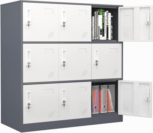9 Doors Metal Lockers for Employees, Steel Storage Locker with Lock and Card Slot,Lockable Office Metal Storage for School Office Gym Bedroom,Garage(Gray)