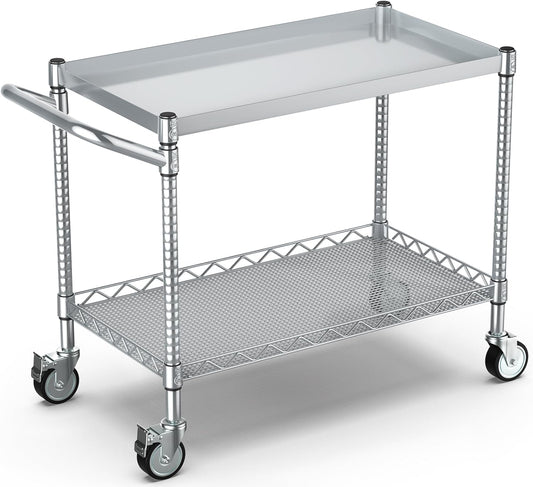 Leteuke 2 Tier Utility Tool Cart with Wheels, 900LBS Capacity Heavy Duty Rolling Utility Carts with Handle, Commercial Grade Metal Serving Storage Cart for Warehouse Garage Kitchen,Silver