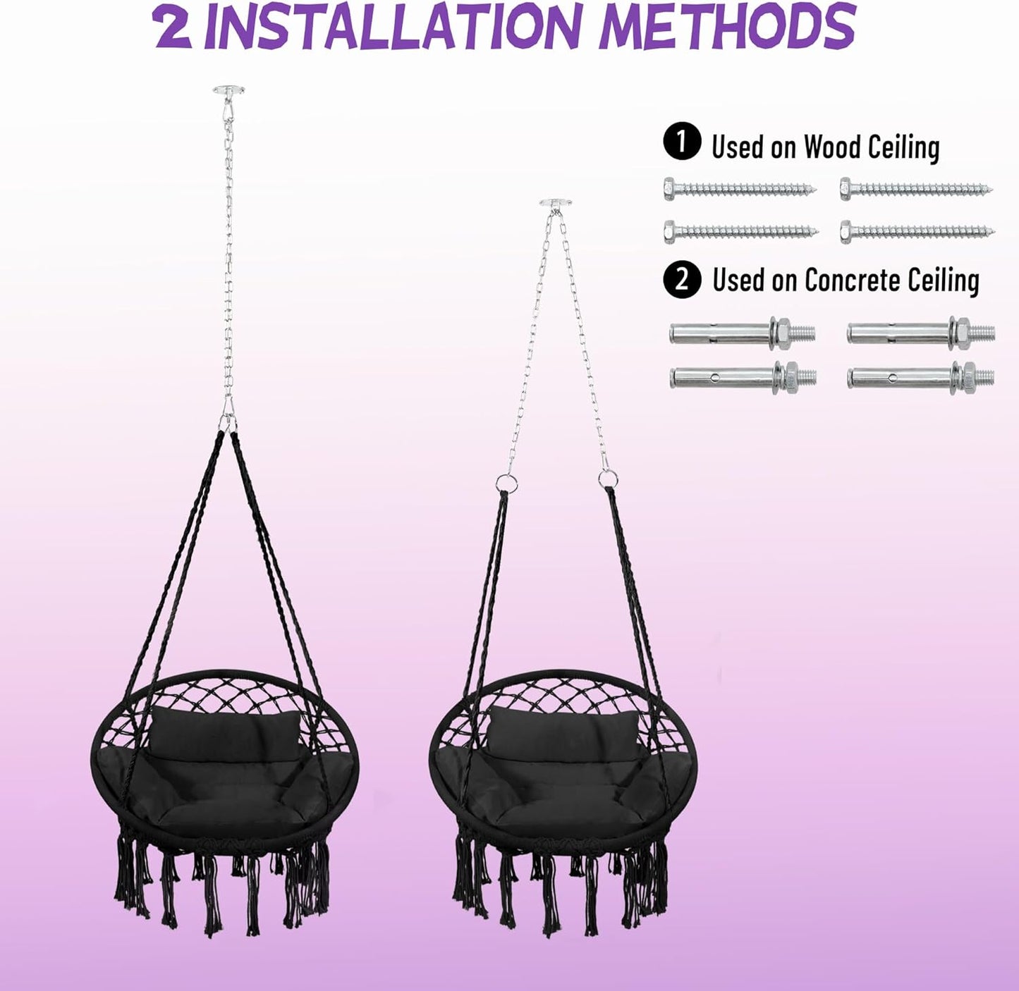 Macrame Hammock Hanging Swinging Chair with Medium Cushion, Perfect for Bedroom, Porch, Adults, Balcony, Black