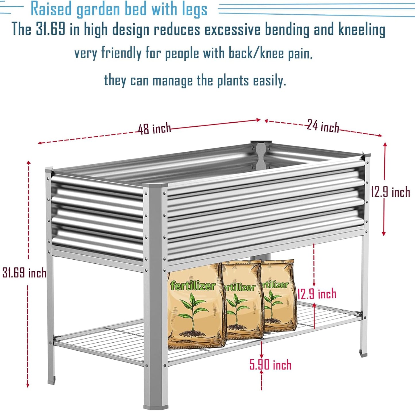 Raised Garden Bed with Legs, Galvanized Raised Planter Box with Storage Shelf and Drainage Holes, 48×24×32 Inch Large Metal Garden Bed Kit for Balcony, Backyard, Patio Lasts for Years of Use.
