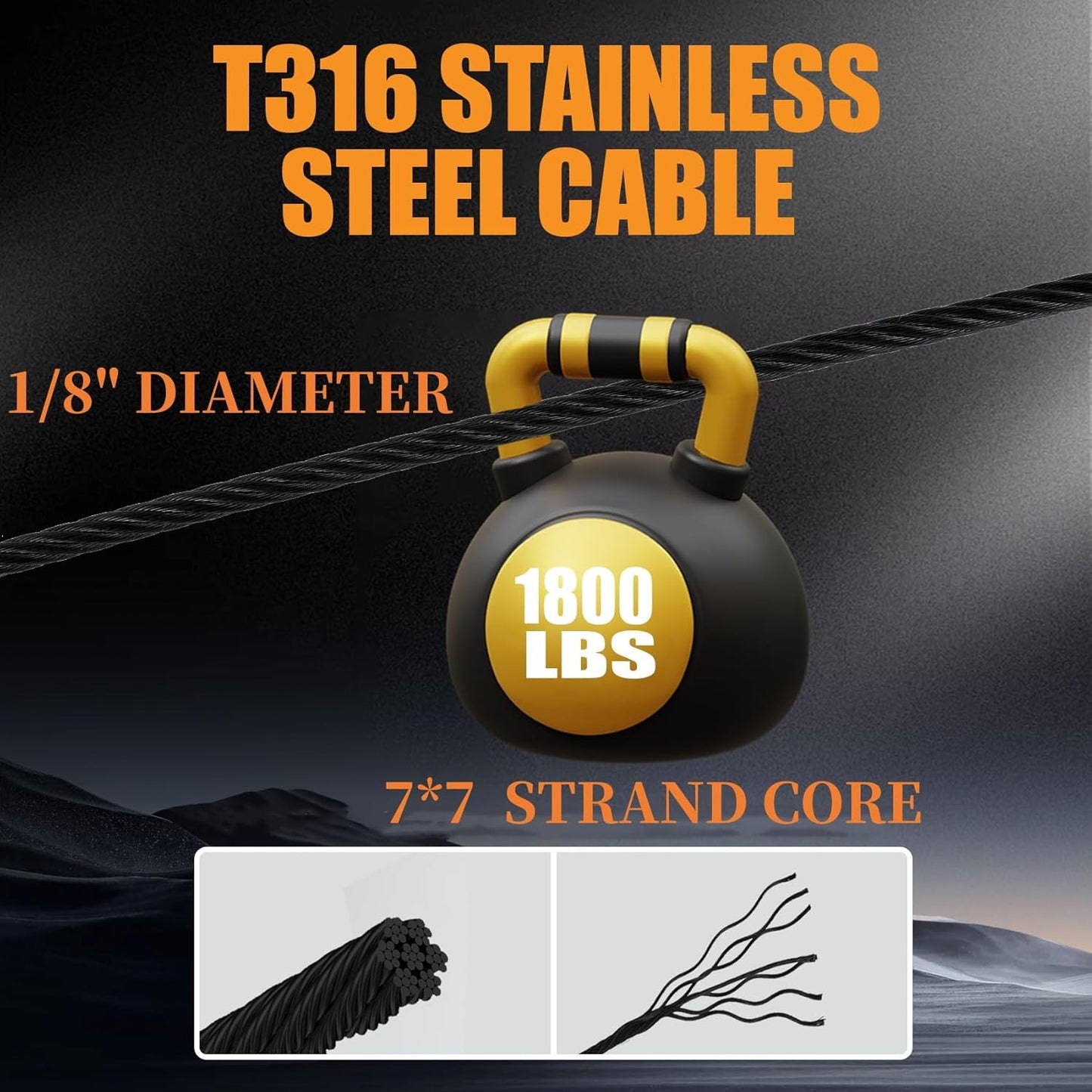 400FT 1/8" Stainless Steel Cable Black 7x7 Strands Aircraft Cable T316 Wire Rope with Cable Cutter 1800lbs Breaking Strength Metal Wire Cable for Deck Cable Railing, Stair, Fence, DIY Balustrades