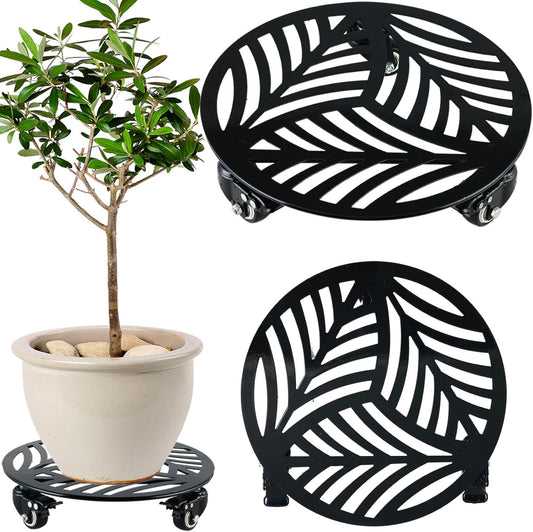 1 Pack 12 inches Large Metal Plant Caddy with 3 PU Metal Wheels Rolling Plant Stand with Casters Indoor Outdoor Wheeled Planter Roller Base Pot Movers Plant Dolly Coaster Trolley Black