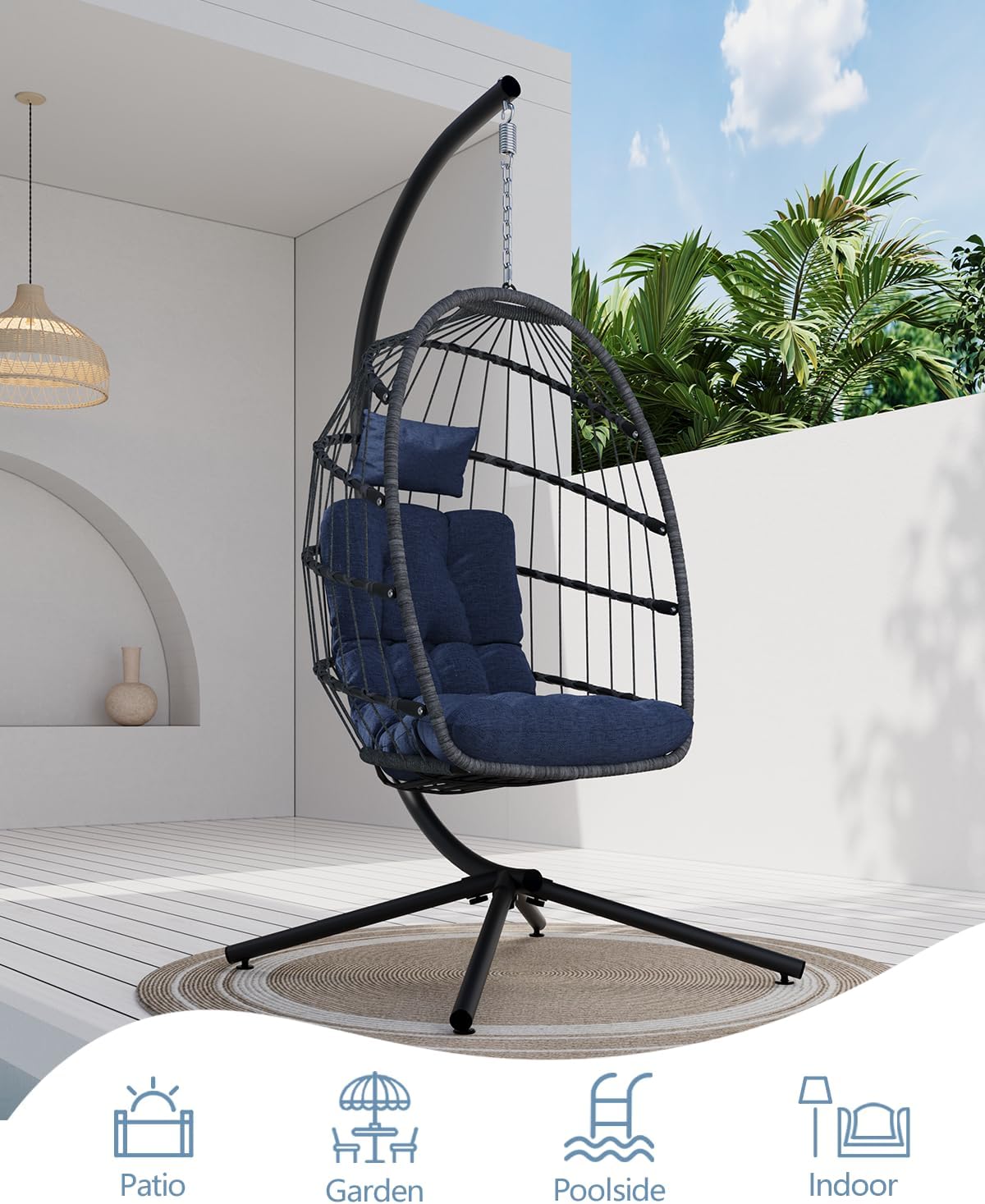 SWITTE Egg Chair Outdoor with Stand, Indoor Wicker Hanging Egg Swing Chair with Cushion, 350lbs Capacity for Patio, Bedroom, Garden - Dark Blue
