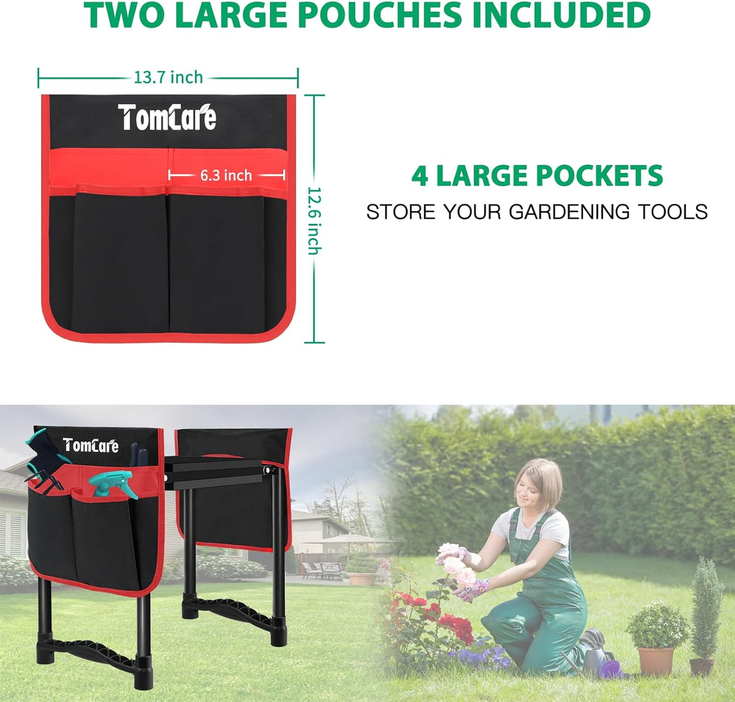 TomCare Garden Kneeler and Seat 10.64” Wider Larger Soft Kneeling Pad Garden Bench with 2 Large Tool Pouches Heavy Duty Garden Stool Foldable Tools Gardening Gifts for Women Men Gardeners,Black