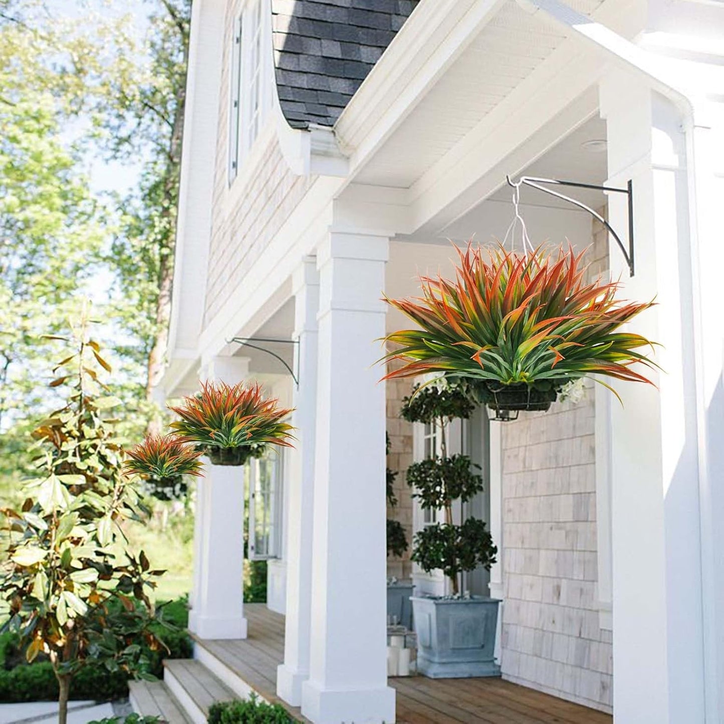 16Pcs Artificial Grass Fake Plants 17.3in Outdoor Plastic Plants UV Resistant Greenery Fake Grass for Home Window Garden Patio Hanging Planter Pathway Front Porch Décor Red