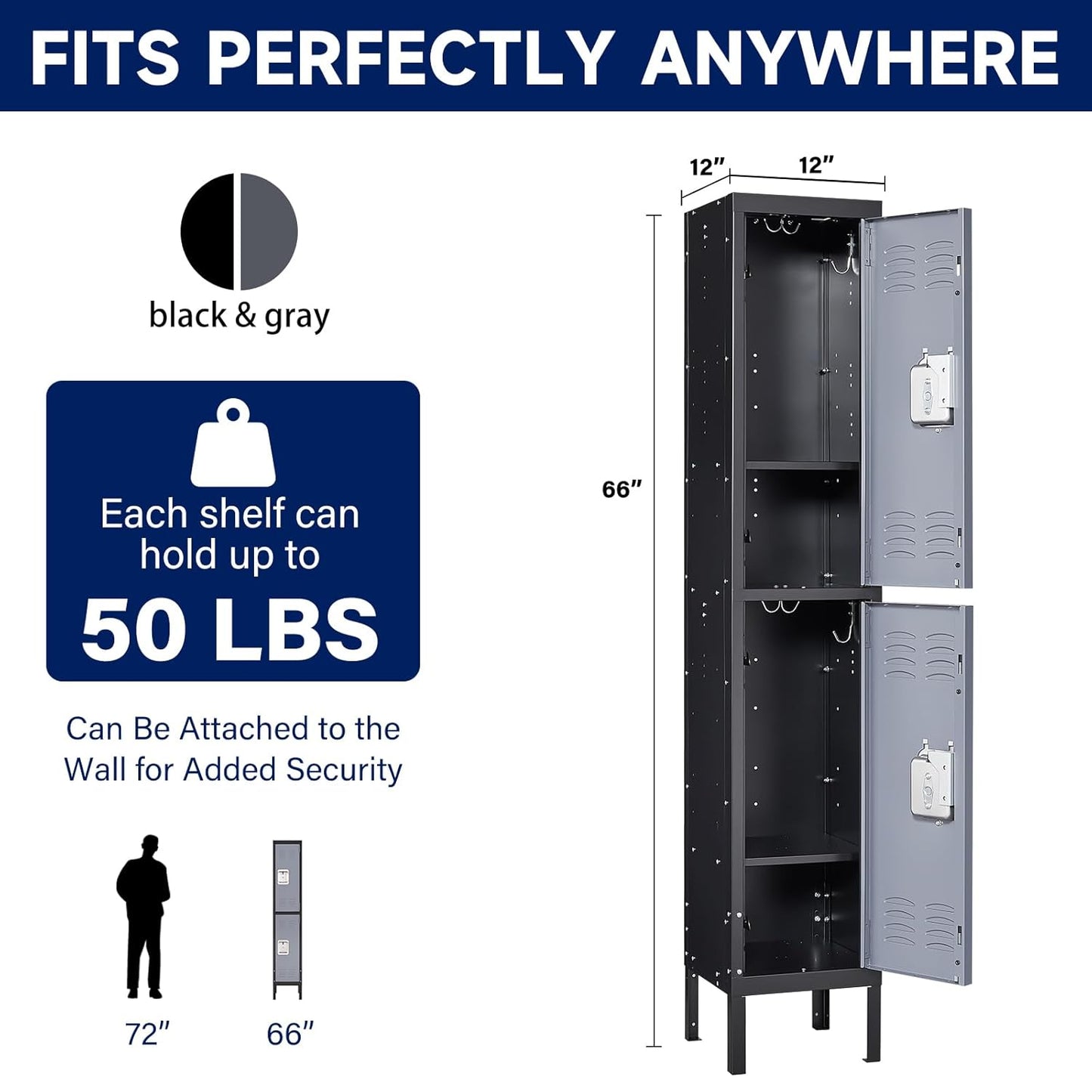 Yizosh Metal Lockers for Employees with Lock, Employees Locker Storage Cabinet with 2 Doors, Tall Steel Storage Locker for Gym, School, Office (Gray Black, 2 Door)