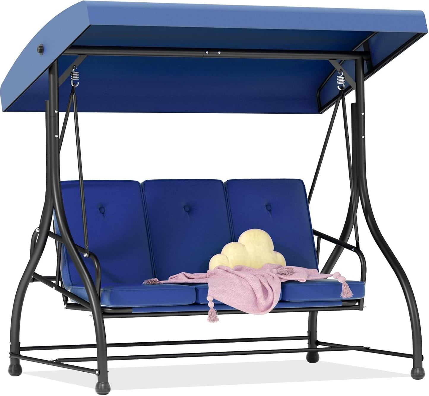 3-Seat Porch Swing Bed with Adjustable Canopy & Removable Cushions, Heavy Duty Steel Frame Outdoor Patio Swings Glider Chair for Backyard, Garden, Deck, Blue