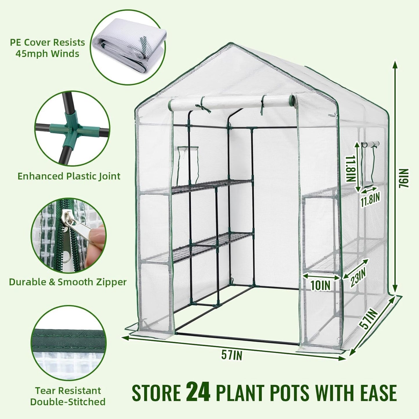 Greengro Greenhouse, 57 x 57 x 76'' Greenhouses for Outdoors, Portable Greenhouse Kit with Mesh Side Windows, PE Cover, 8 Shelves, Heavy Duty Walk in Green House for Backyard Garden Indoor Outside