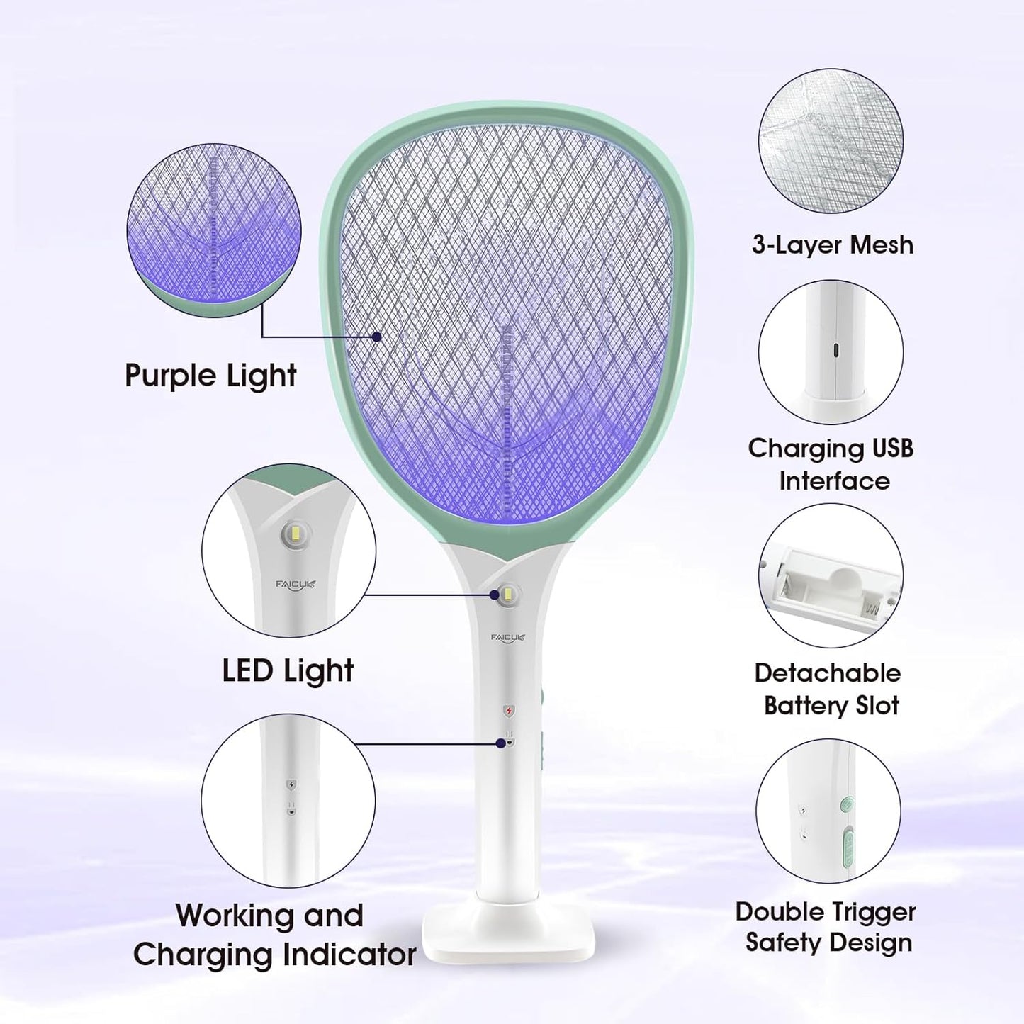 Faicuk Rechargeable Handheld Bug Zapper Racket 2 in 1 Electric Fly Swatter (2 in 1 Green)