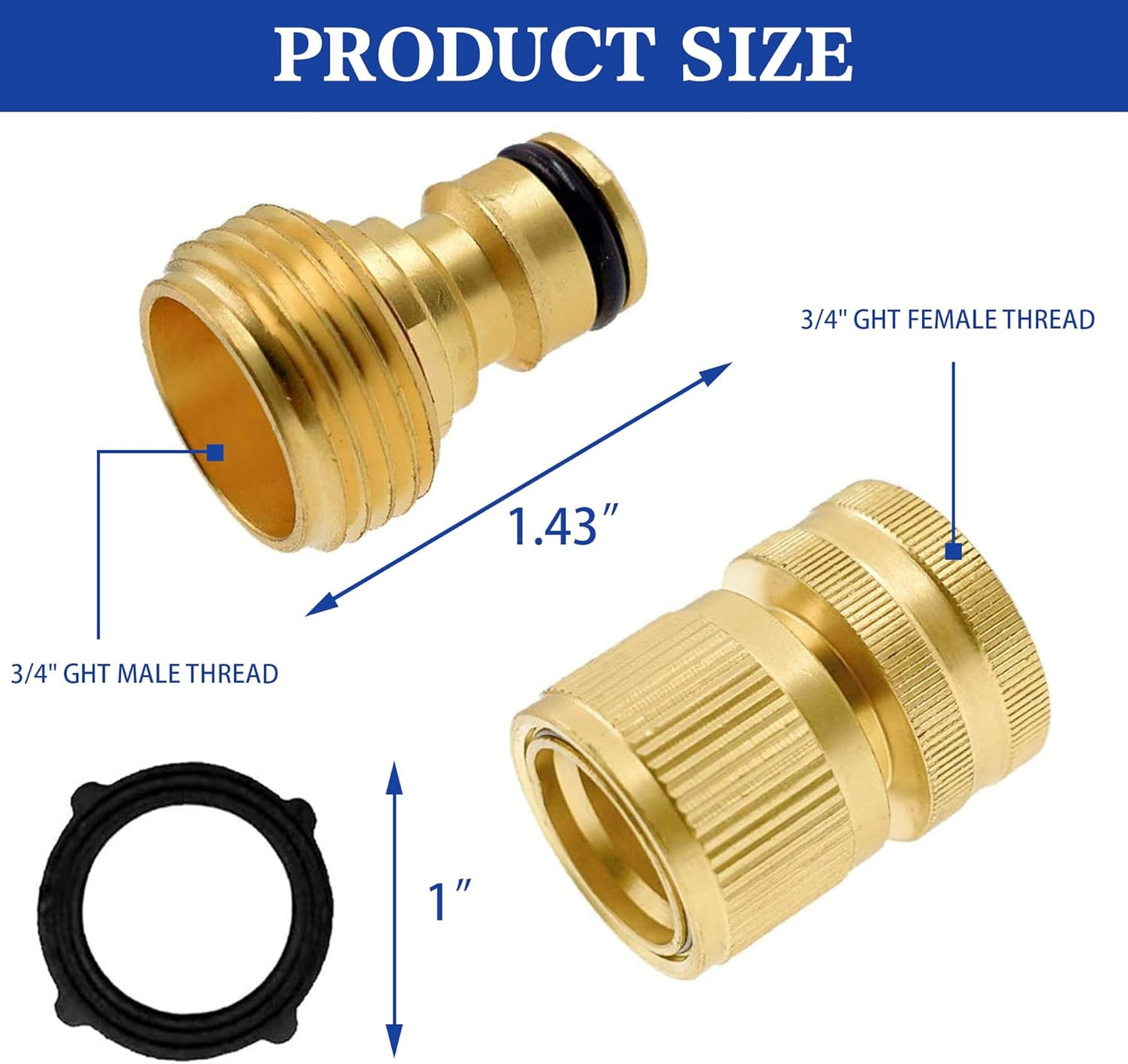 Hourleey Garden Hose Quick Connector, Solid Brass 3/4 Inch GHT Thread Garden Quick Connect Kit, Male and Female No-Leak Water Hose Fittings (6 Set)