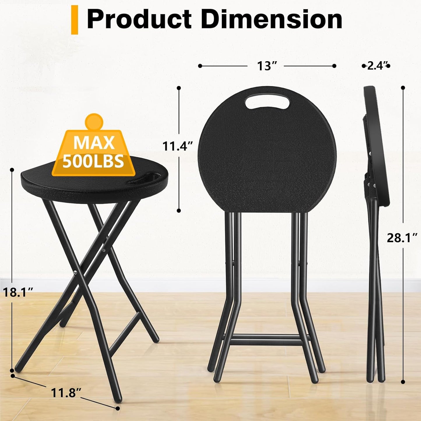TAVR Furniture Portable Folding Chair with Handle, Heavy Duty Round Fold Stool Chair with 500lbs Capacity for Adults, 18 Inch Foldable Stool for Dorm, Kitchen, Vanity, Church and Outdoor use