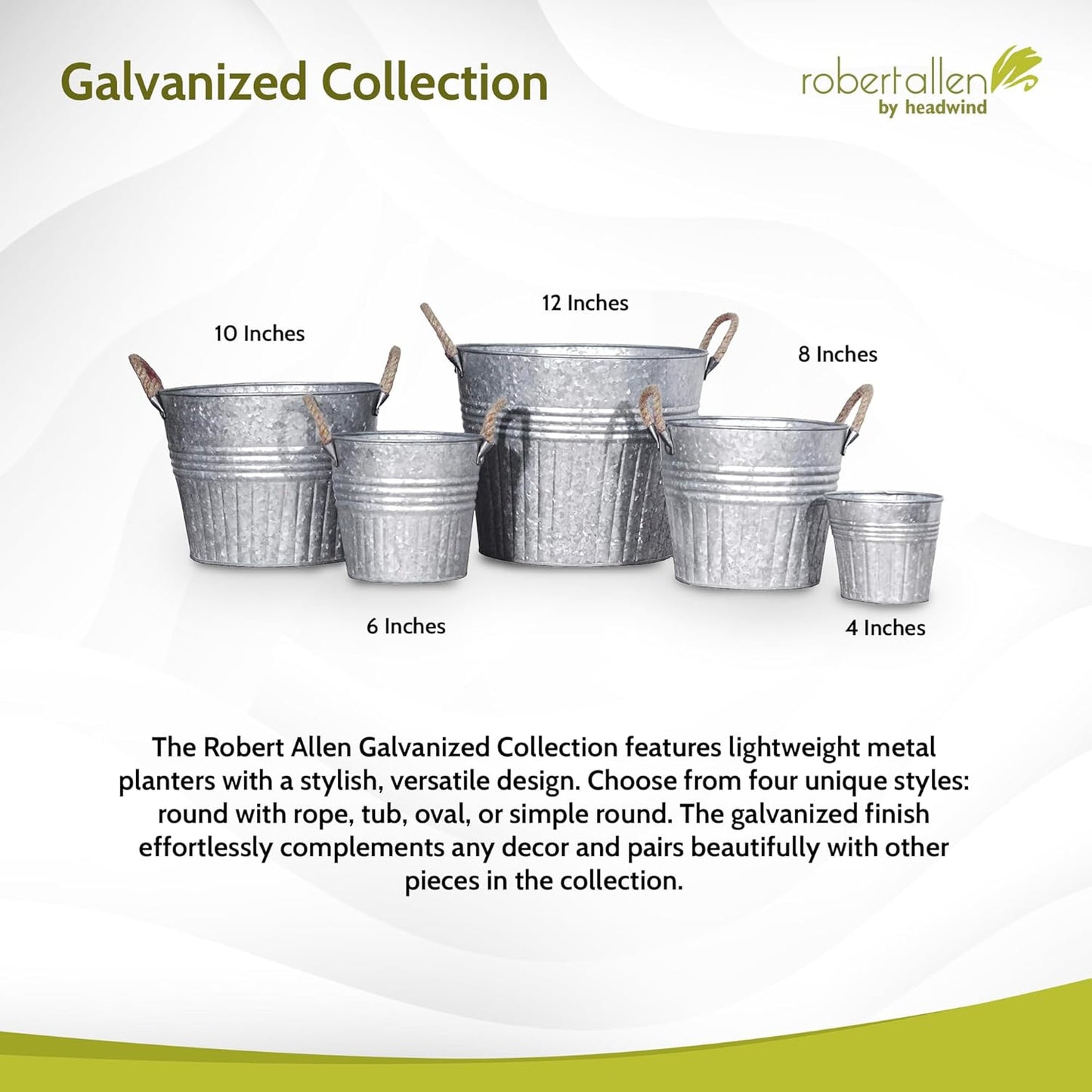 Headwind Round Galvanized Bucket w/Rope Handles – 8 Inch Metal Tub Bucket Planter for Outdoor Plants with Drainage Hole – Galvanized Large Outdoor Planters Buckets by Robert Allen