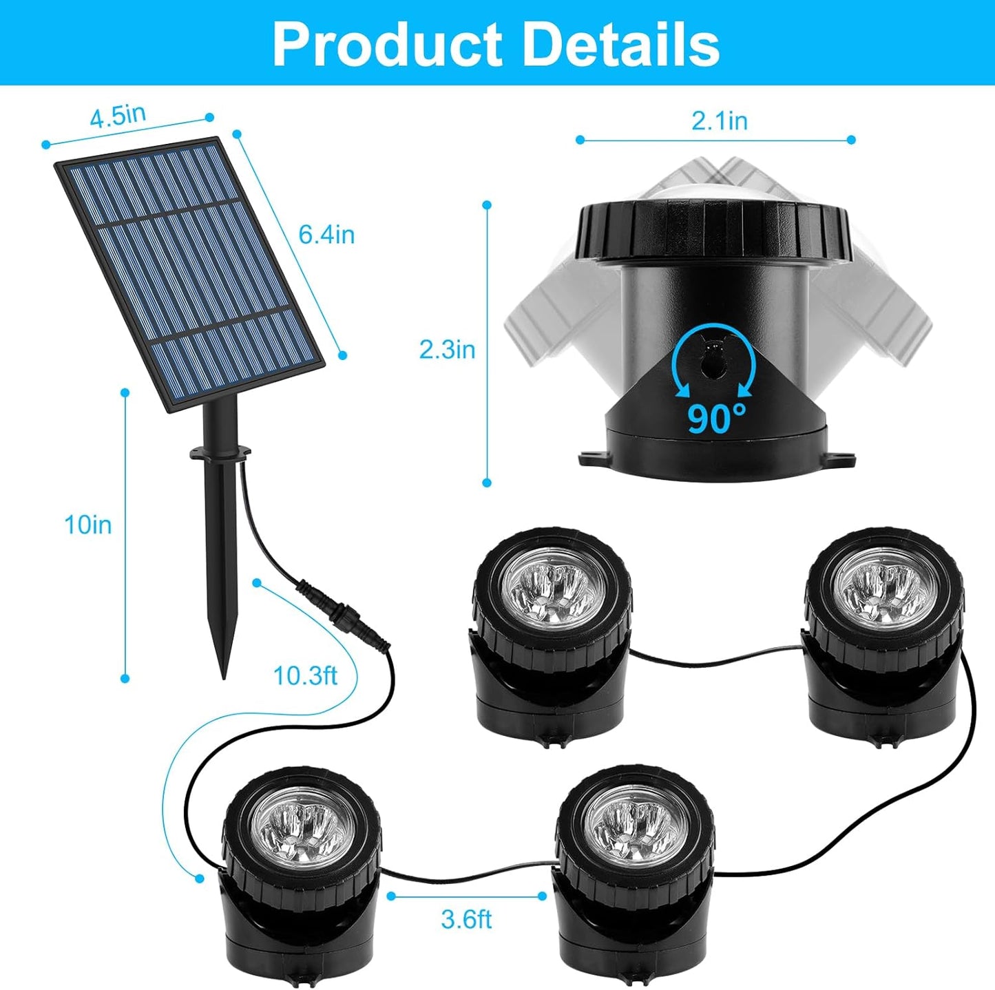 T-SUN Solar Pond Lights, 4-in-1 RGB Underwater Pond Light, Color Changing Submersible Fountain Lights, Solar Fish Tank Light Adjustable Lighting Angle for Garden Fountain, Pond, Pool Decoration