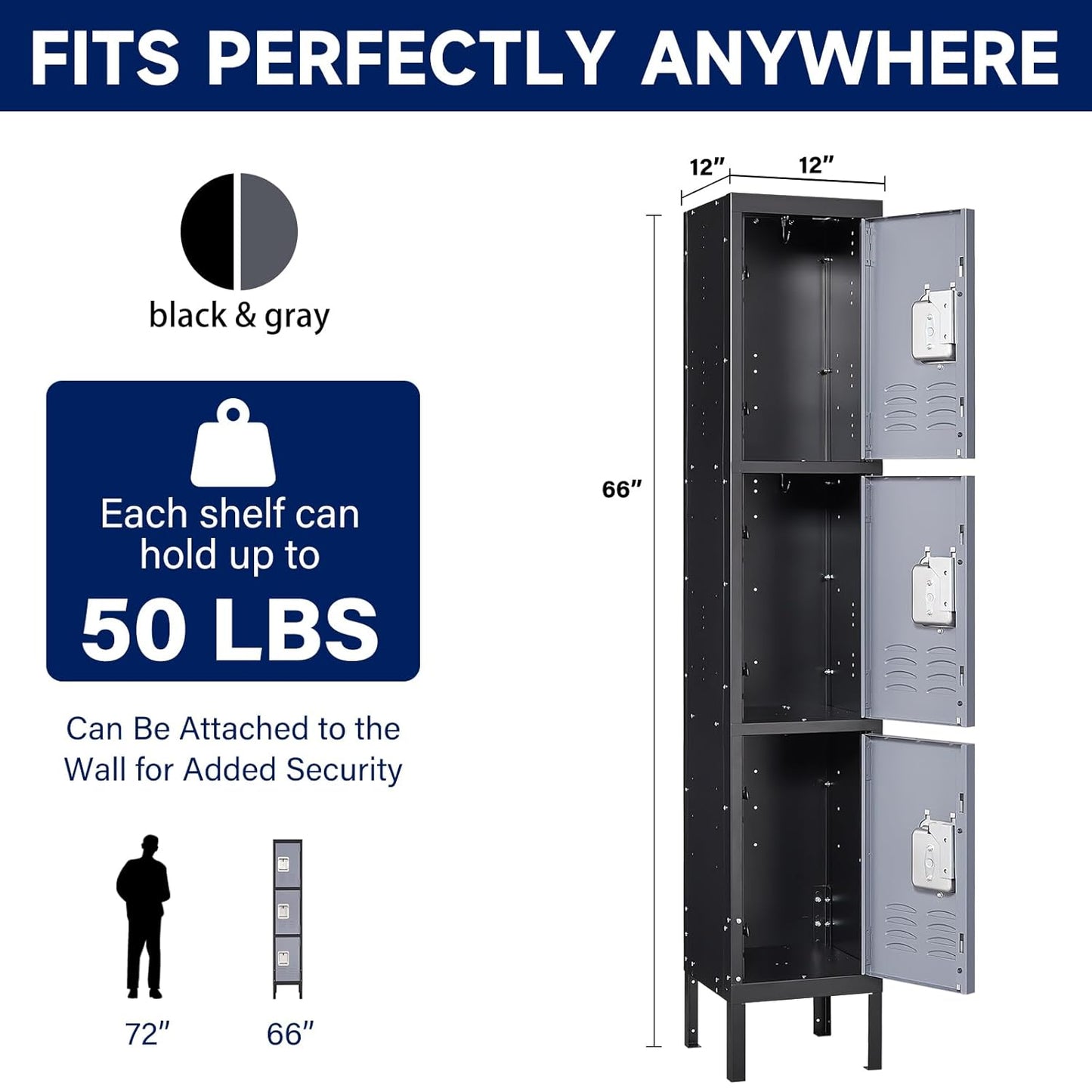 Yizosh Metal Lockers for Employees with Lock, Employees Locker Storage Cabinet with 3 Doors, Tall Steel Storage Locker for Gym, School, Office (Gray Black, 3 Door)