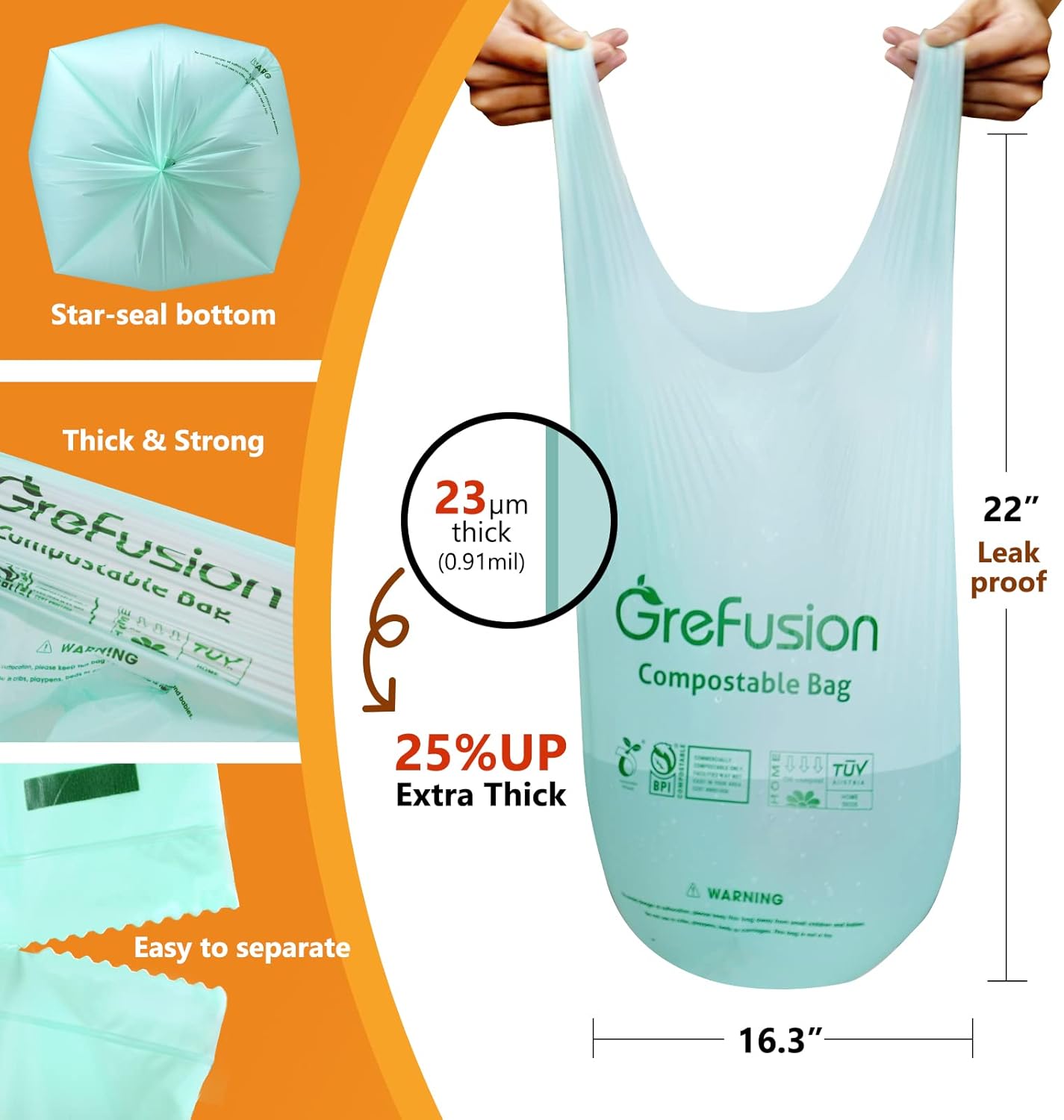 Compostable Trash Bags with handle-tie,Garbage Bags, 2.6 Gallon,Food Waste Bags,Small trash bags for compost bin kitchen,Certified by BPI and OK Compost (2.6G-50count)