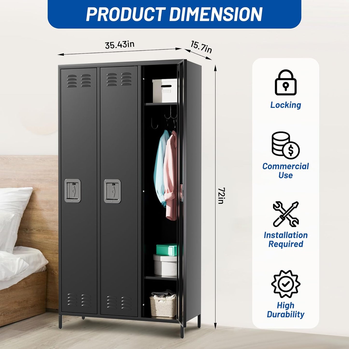 3-Door Metal Locker with Lock, 71”H Metal lockers for Employees, Multi-Use Storage Locker for Employees, School, Office, Gym, Home, Garage, Industrial - Assembly Required