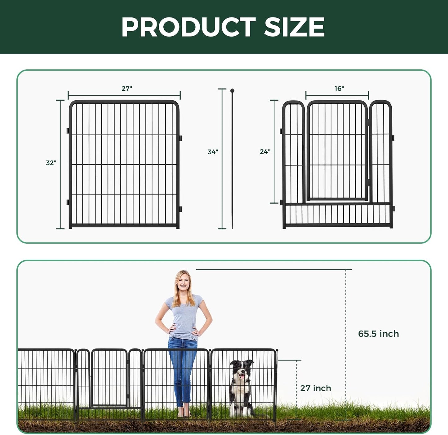 FXW Garden Fence Outdoor for The Yard – 32in(H) x 18.2ft(L) Heavy Duty Metal Animal Barrier for Dog and Rabbit, Decorative Dog Fence, 8 Panels, Black