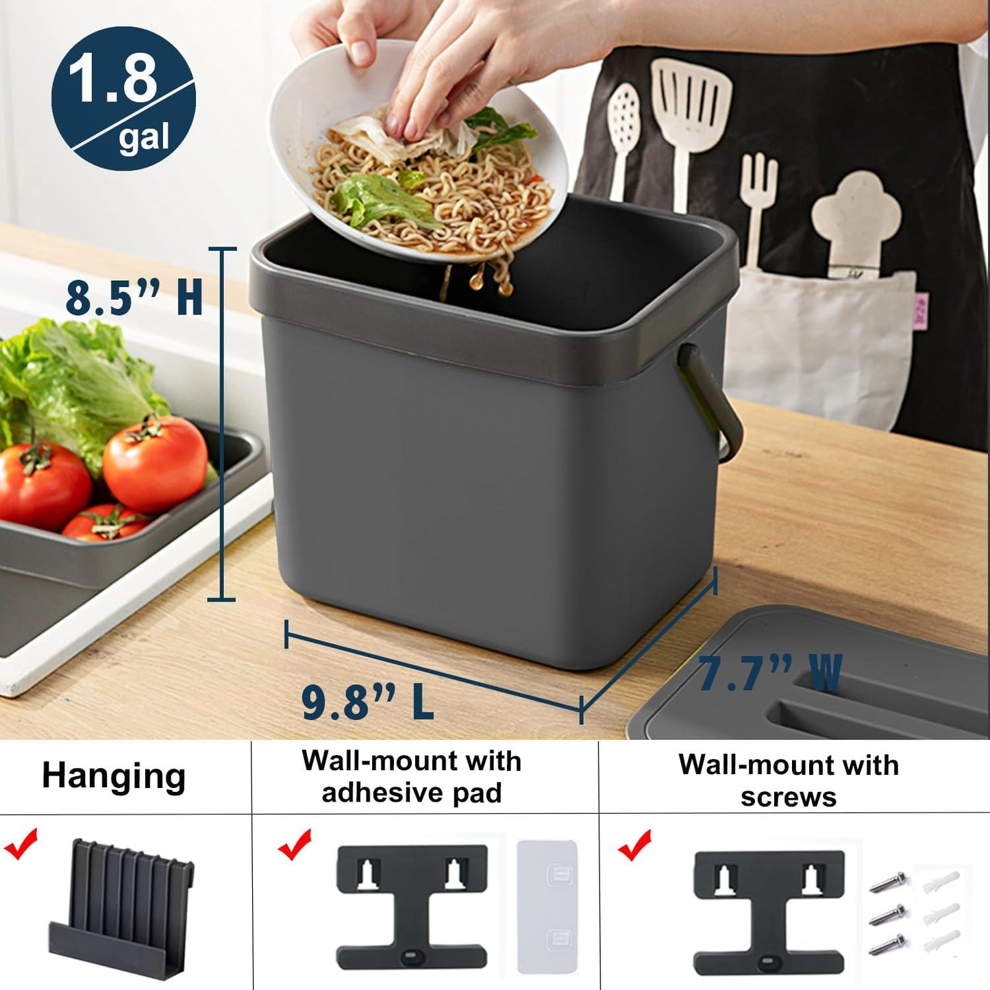 Kitchen Compost Bin, LALASTAR Food Waste Bin for Kitchen, Food Scrap Pail Bucket with Colander, Hanging Trash Can, 1.8 Gallons, Black