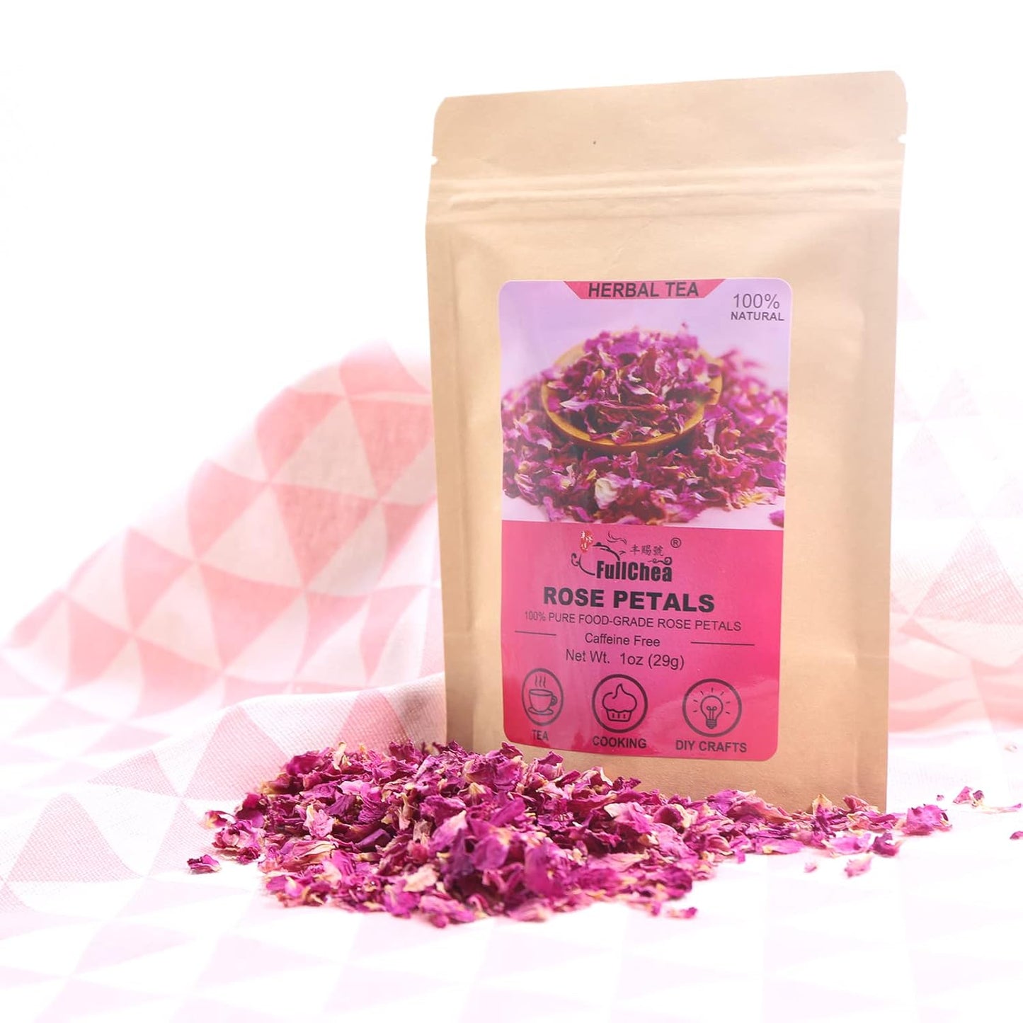 FullChea - Dried Rose Petals - 1oz/29g - Edible Flowers Real Rose Petals - Non-GMO - Caffeine-free - Use in Tea, Baking, Crafting