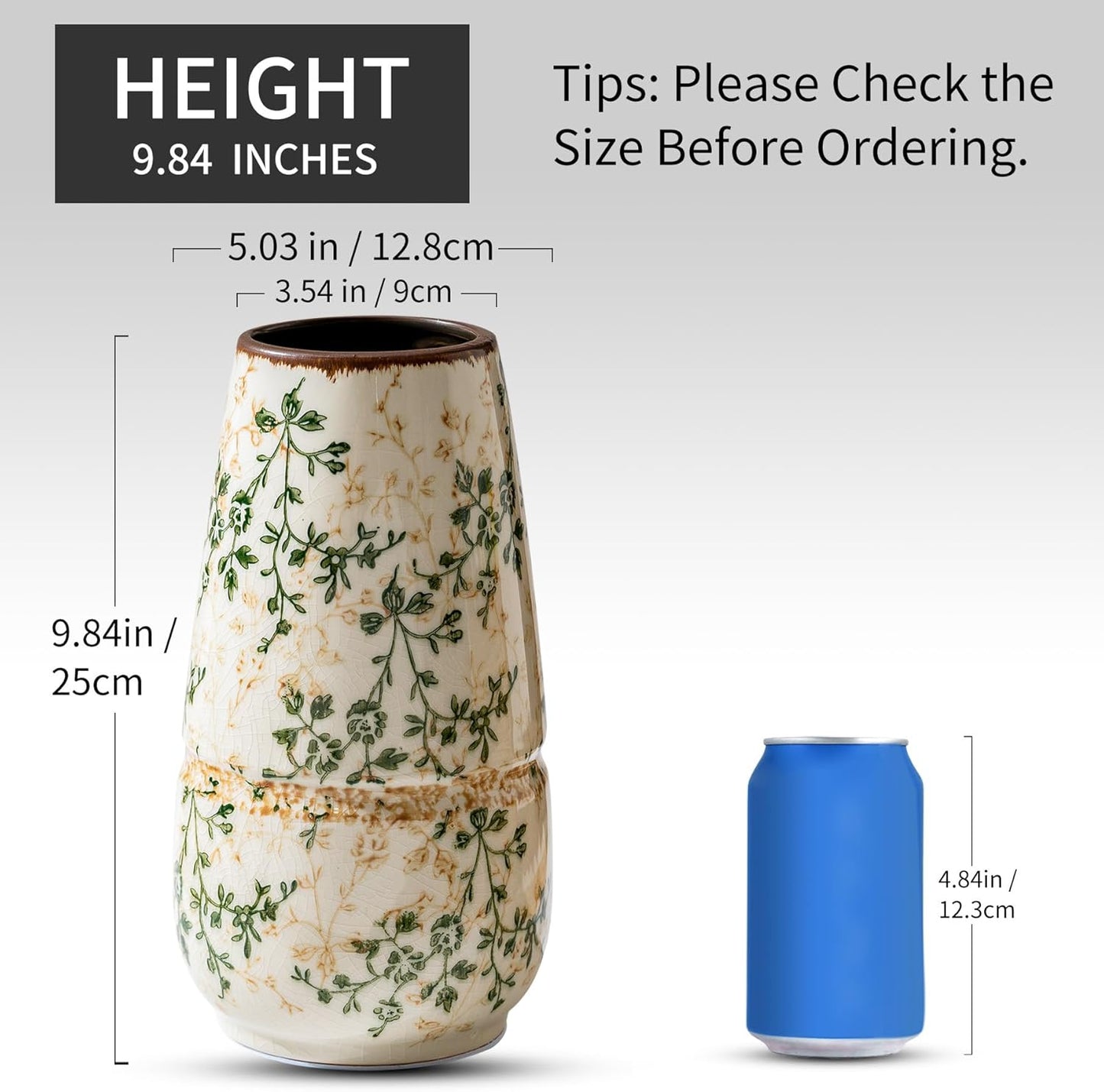 Vintage Green and Beige Vase, Large Round Ceramic Floral Vases, Retro Ice Cracked Chinoiserie Vase for Home Decor, Living Room, Bookshelf, Office, Bedroom and Shelf, Rustic Table Centerpiece 10 Inch