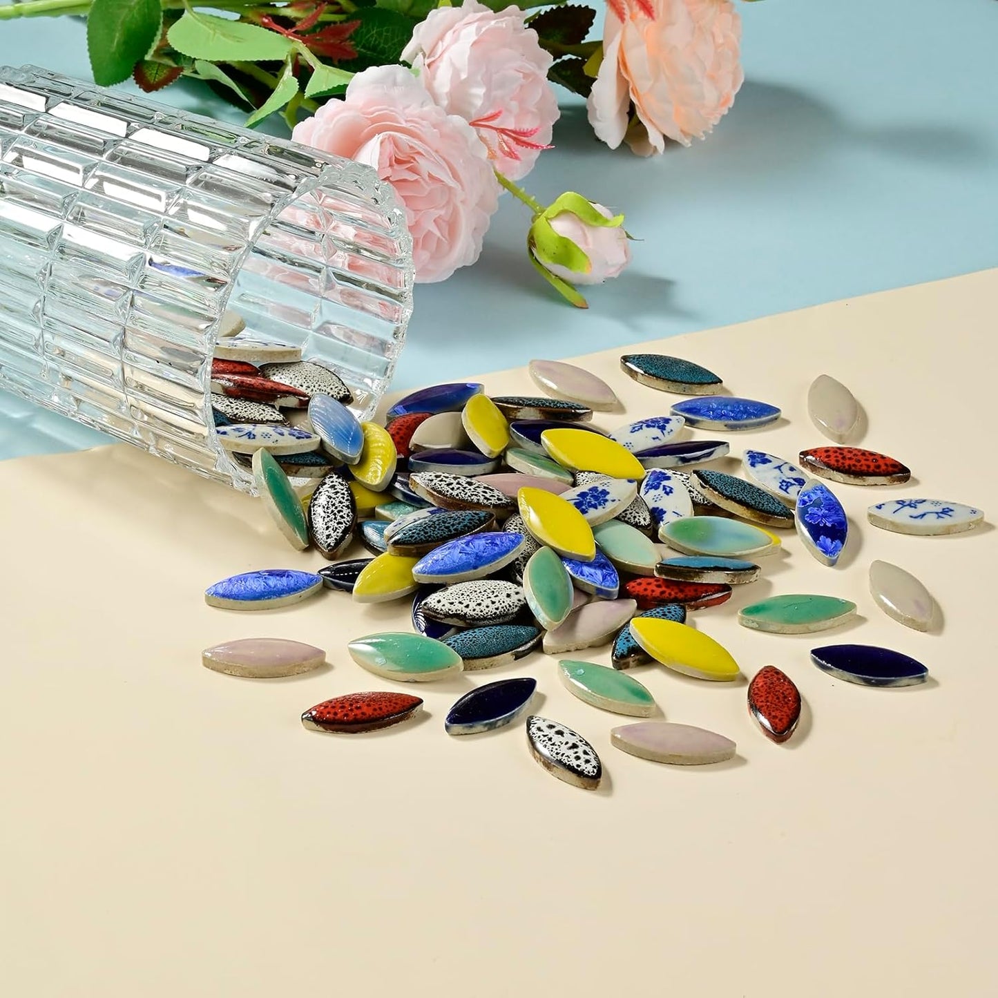 70 Pieces Petal Mosaic Tiles Ceramic Tiles, Bulk Stained Ceramic Pieces Supplies, Flower Leaves Mosaic Ceramics Mosaic Pieces Kit for DIY Crafts Plates Picture Frames Home Decorations - Light Blue