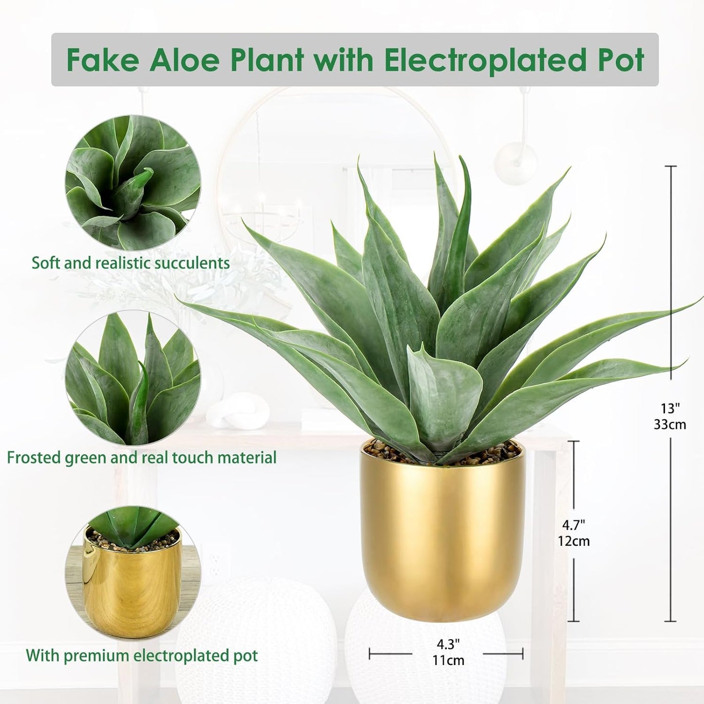 Large Faux Agave Plant 13" Artificial Aloe Vera Plants Fake Succulent Plants in Pot Realistic Agave Plant Artificial Potted Plants for Home Living Room Table Office Desk Bathroom Indoor Decor(Gold)