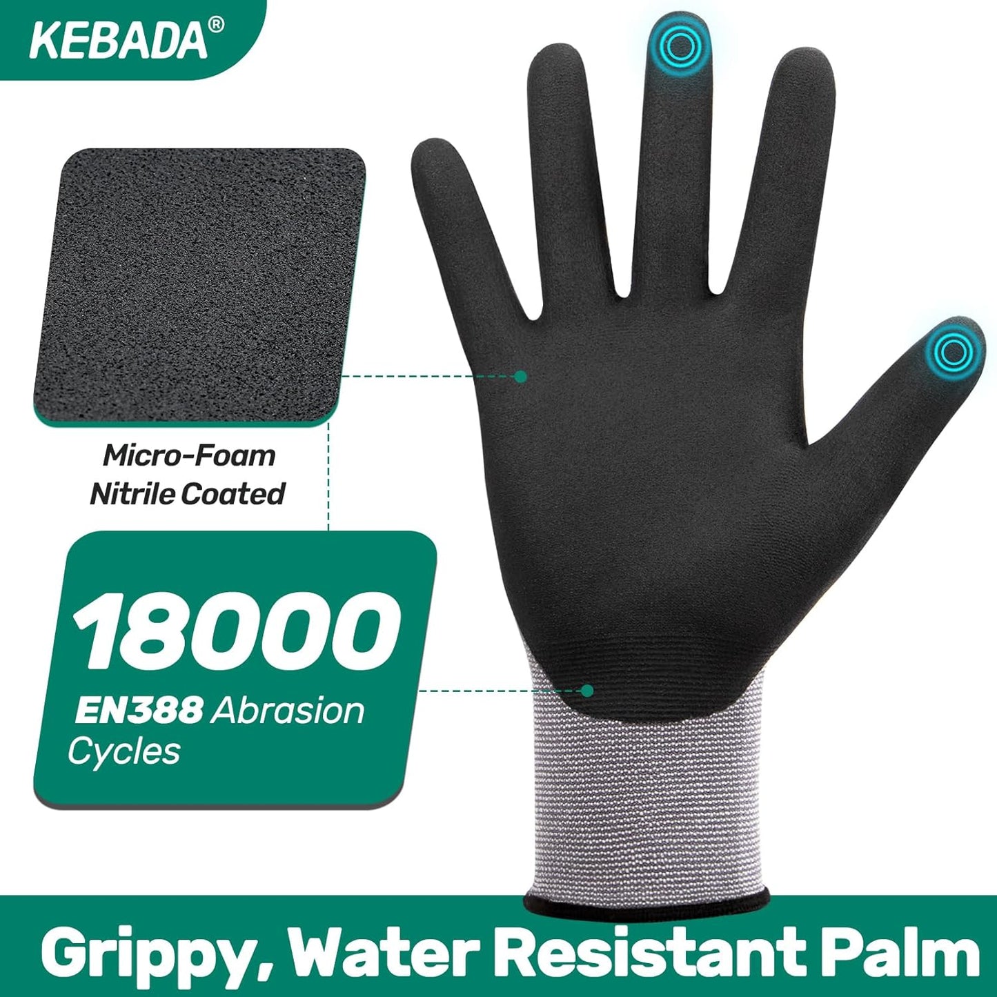 Kebada W2 Safety Work Gloves, Micro-Foam Nitrile Coated Gloves, Touchscreen,Ideal for Package Handling, Gardening, Construction, 1 Pair Small