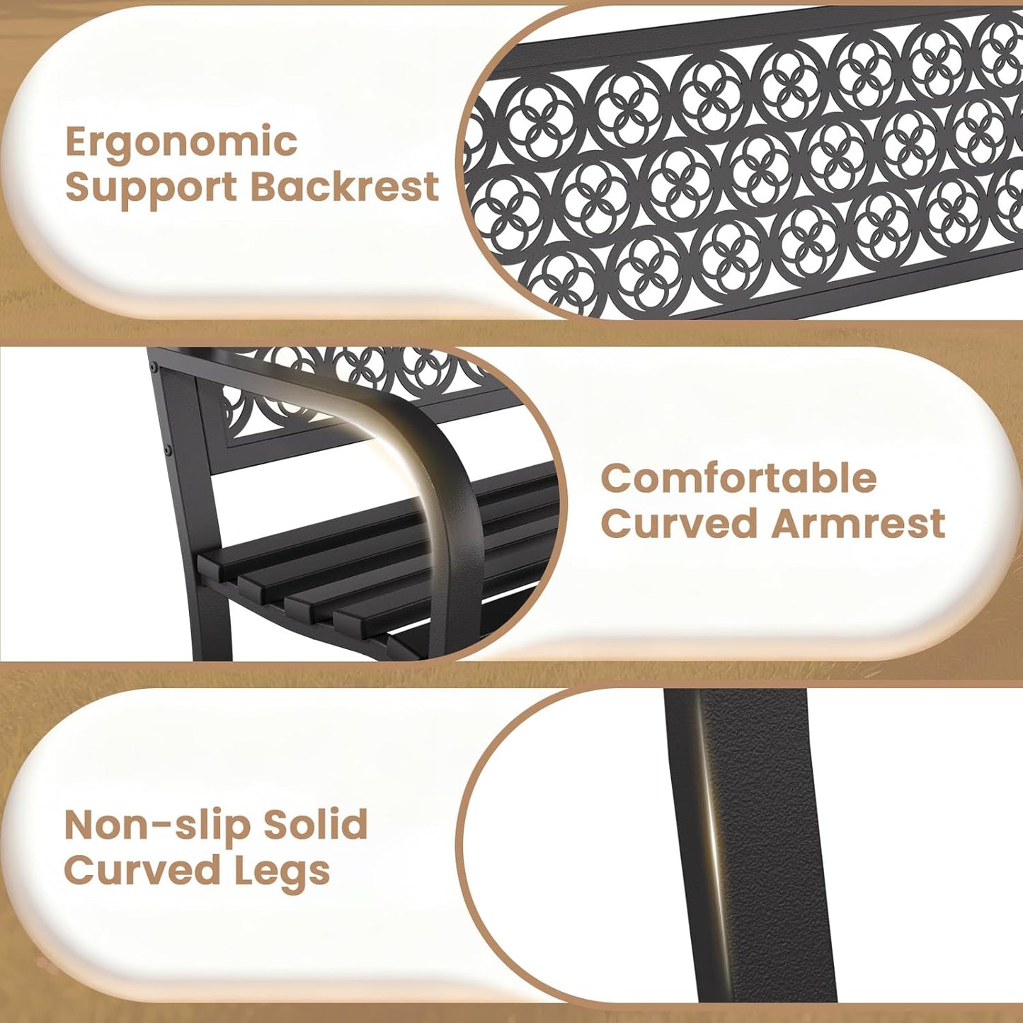 44'' Outdoor Garden Bench, Weatherproof Wrought Iron Metal Patio Bench with Mesh Pattern Backrest, for Front Porch, Park, Yard, Gardens