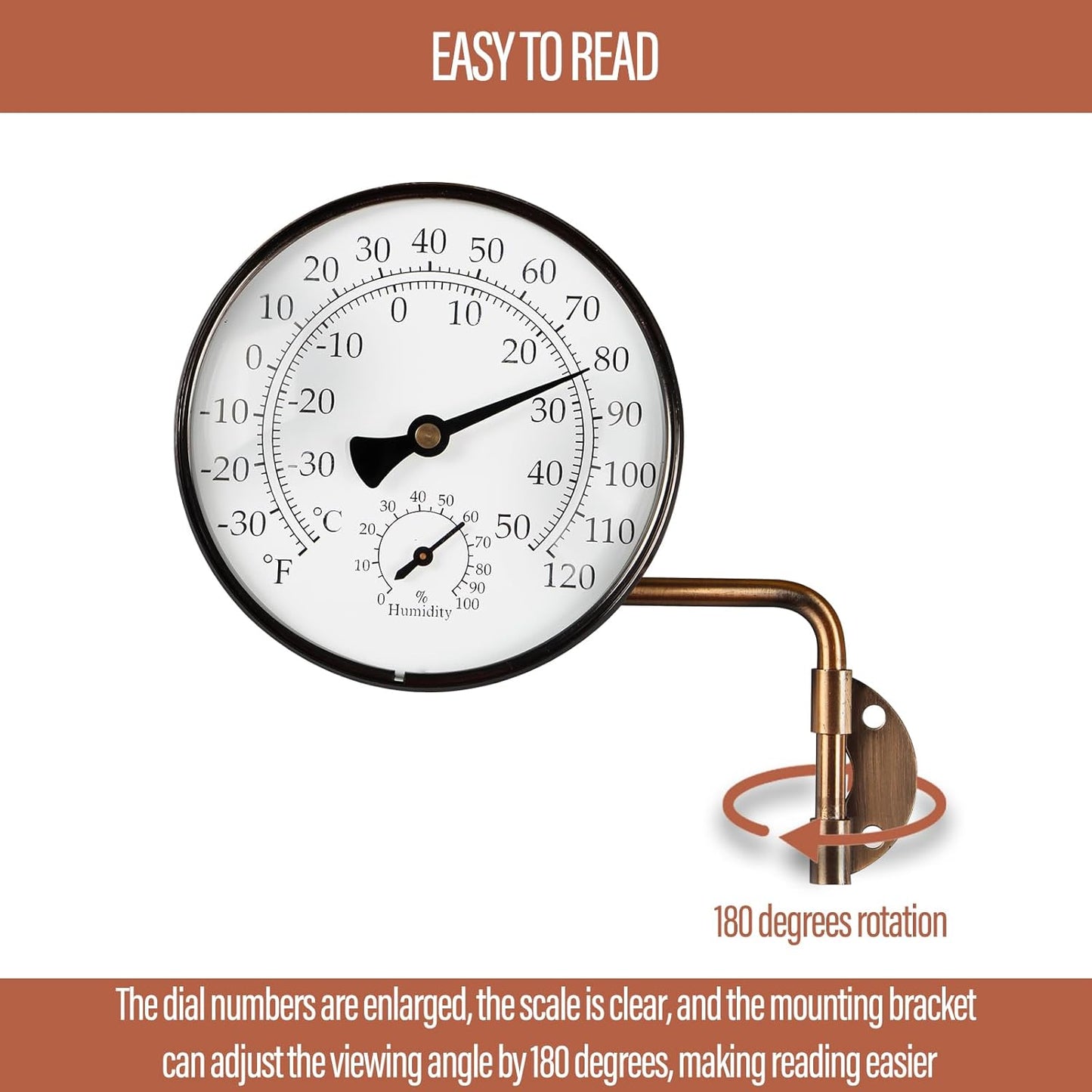 4-Inch Brass Outdoor Thermometer - Analog Temperature Gauge for Patio, Greenhouse and Garage