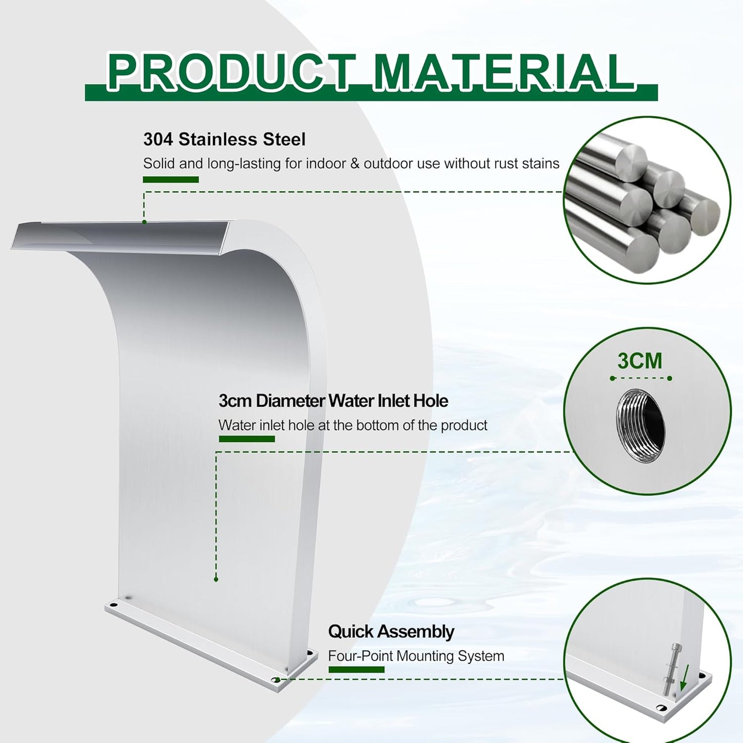 S-Shape Waterfall Spillway Ground Pool Fountain, LONGRUNNEW 304 Stainless Steel Outdoor Water Feature 24.13'' x 9.37'' x 15.39'' for Garden Decor, Landscape Accents & Patio Pond Water Feature-Large