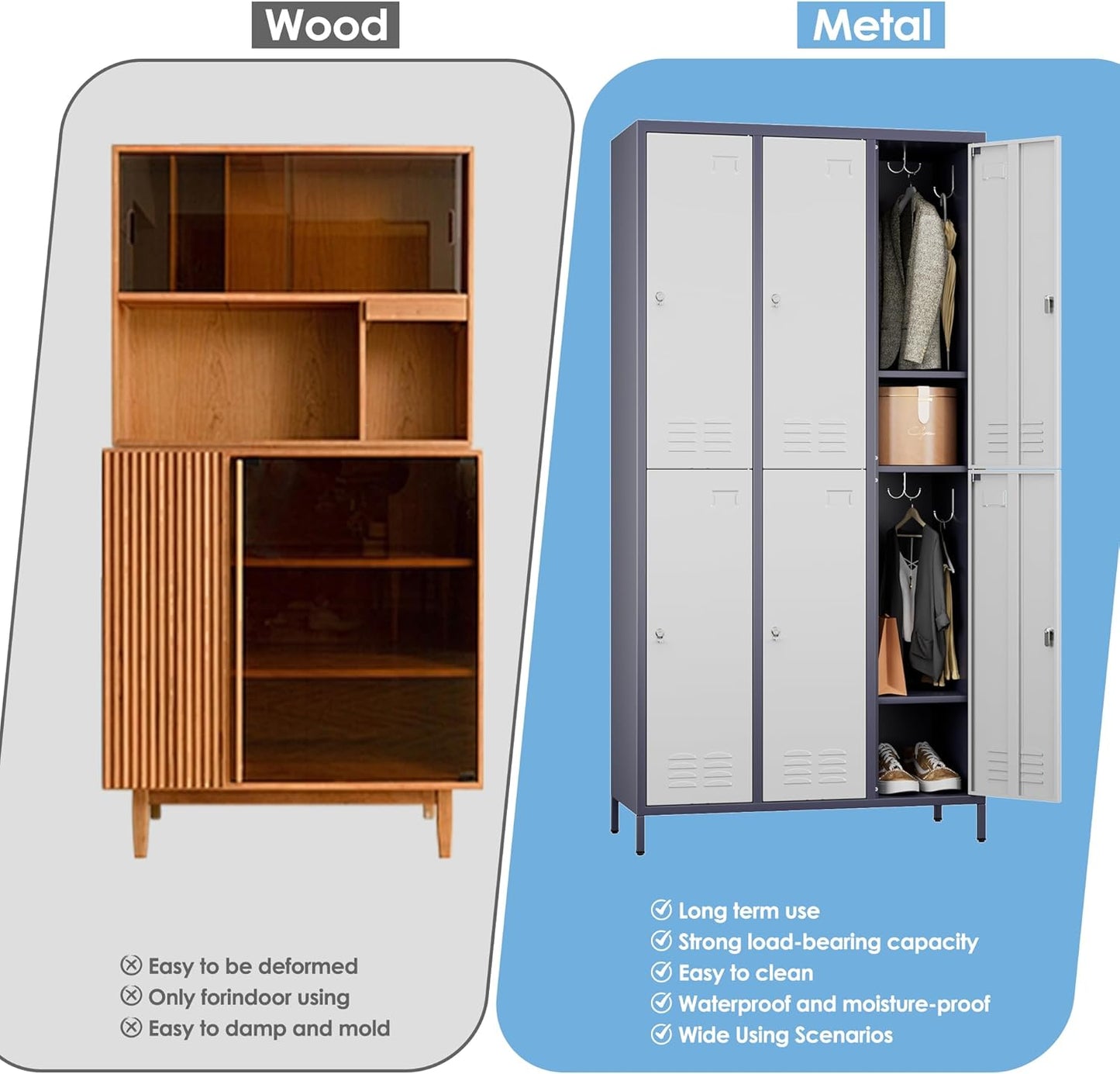 72" H×15.75" D×35.43" W Metal Storage Lockers for Employees with 6 Doors, Employee Lockers with 18 Hooks, Business Card Holder for Offices School Gyms Home,Assembly Required,Grey and White