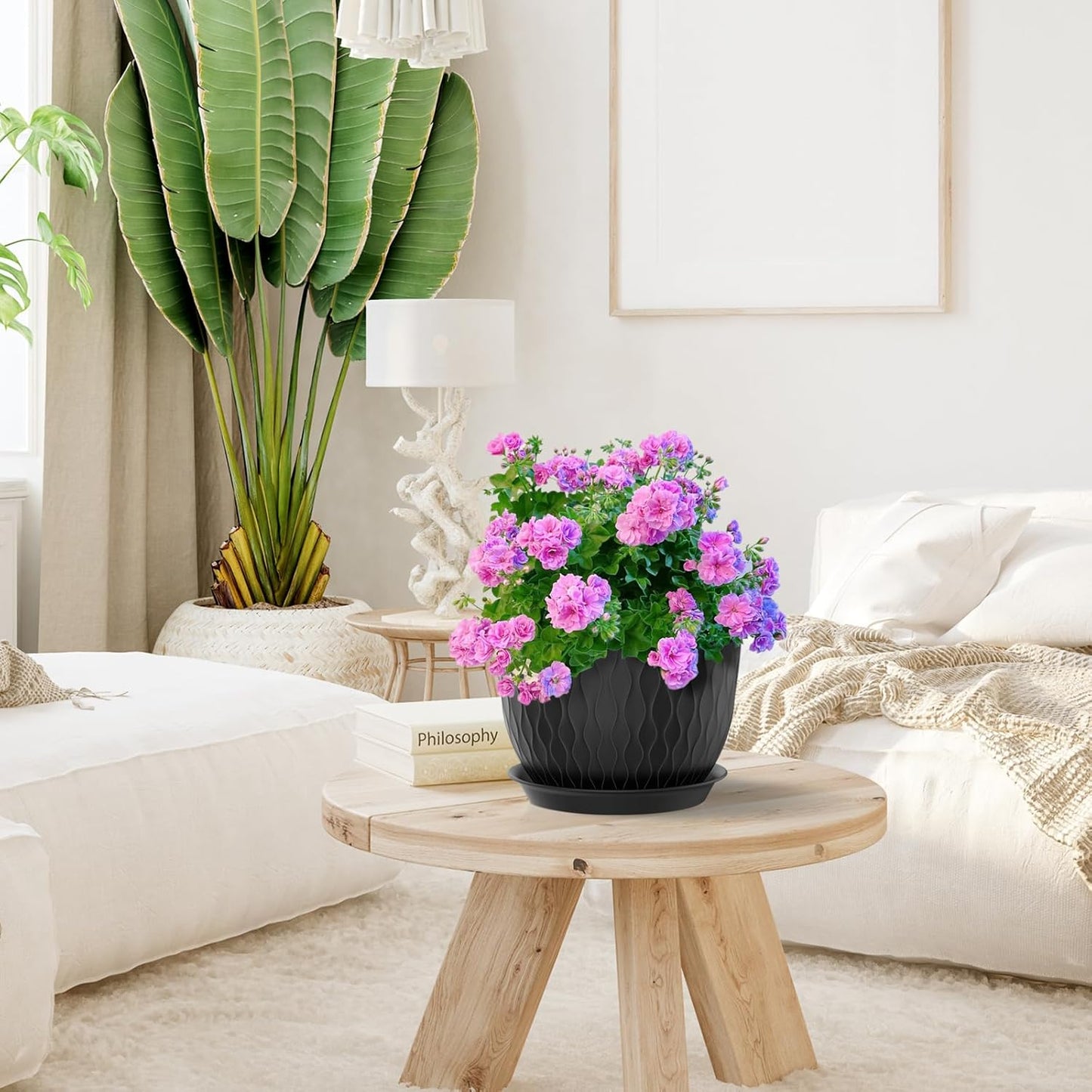 12/10/9 inch Large Plant Pots, 3 Pack Wide Flower Pots for Outdoor Indoor Plants with Water Ripples, Big Plastic Planters with Drainage Holes and Saucers for Garden House Plants, Black