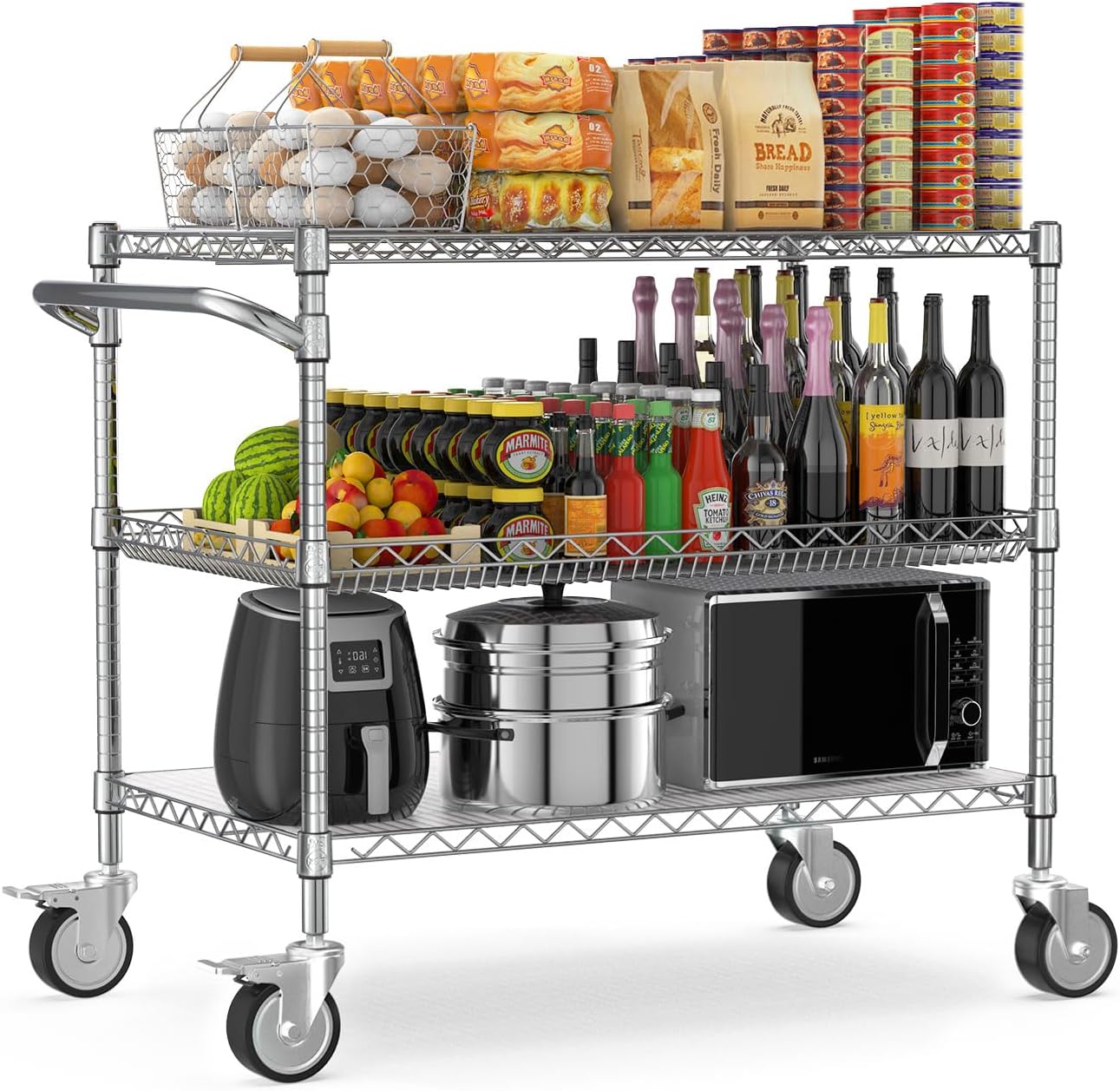 Leteuke 1120LBS Heavy Duty Rolling Utility Cart,3 Tier Rolling Carts with Wheels,NSF Commercial Grade with Handle Bar & Shelf Liners,45"x25"x39"Storage Cart for Kitchen,Restaurant,Plant Display,Chrome