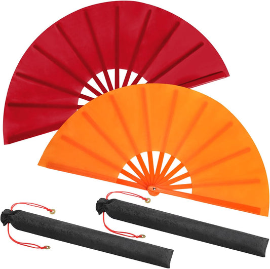 Maitys 2 Packs Large Clap Fans for Line Dancing Large Chinese Folding Hand Fans for Men and Women, Festival, Tai Ji, Kungfu, Martial Art, Gifts (Wine Red and Yellow)