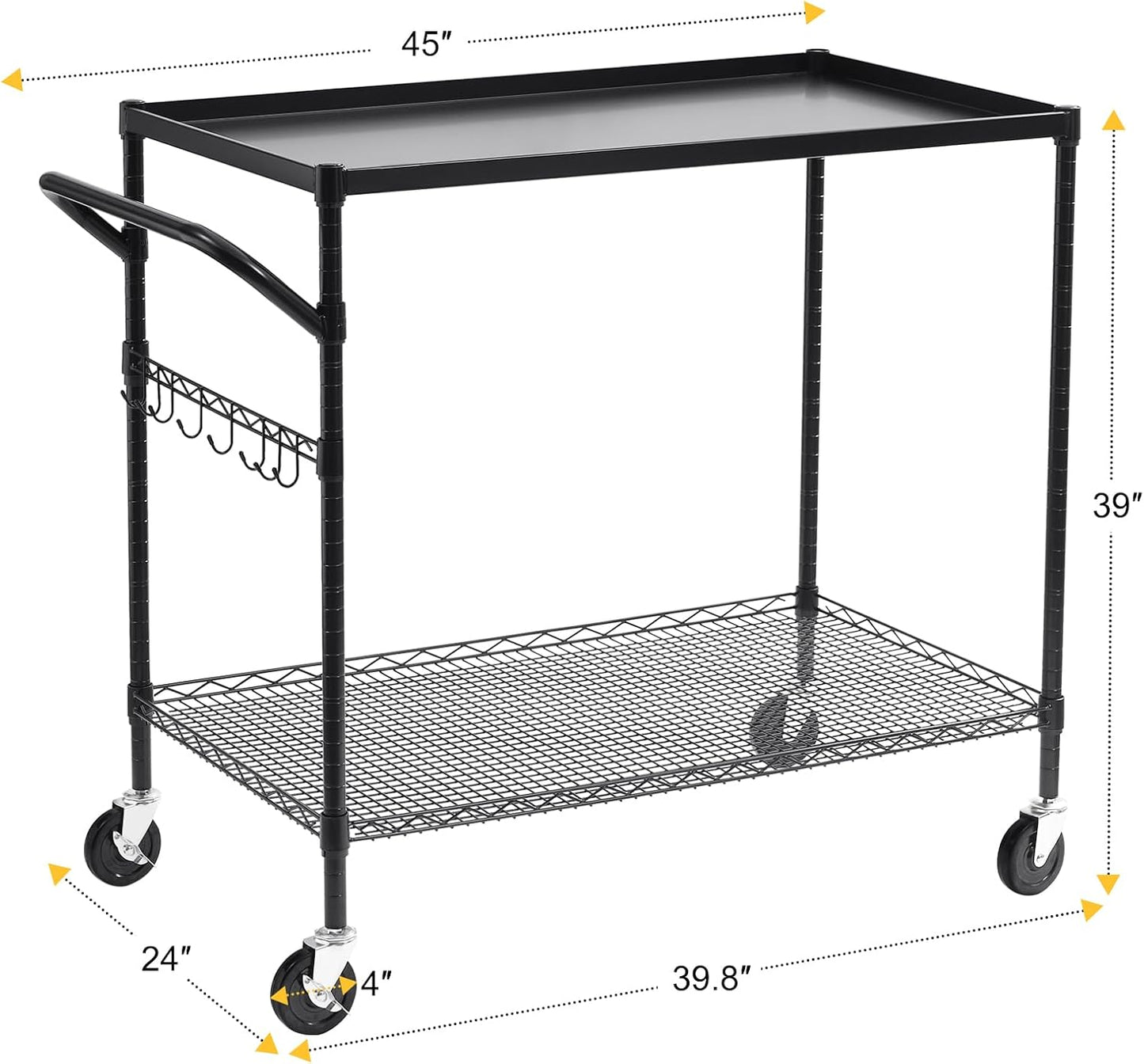 WDT 2-Tier Utility Cart with Wheels, Metal Cart with 1000LBS Capacity, NSF Heavy Duty Rolling Cart, Commercial Grade Serving Tool Storage Carts for Warehouse Garage Kitchen, 24"D x 45"W x 39"H, Black