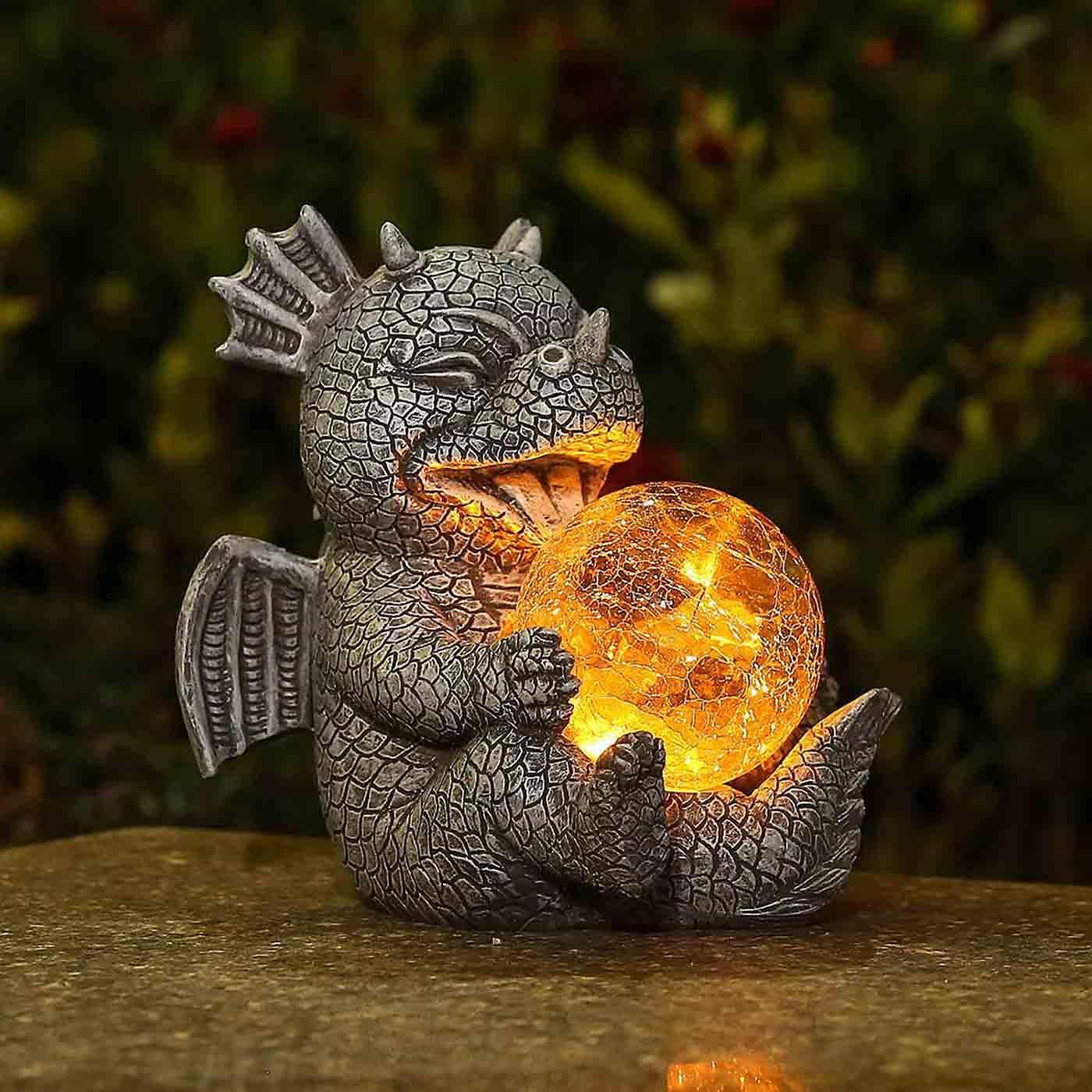 Garden Dragon Statue Solar Powered Outdoor Figurine Light Decor Cute and Hold Glowing Glass Ball Resin Sculpture Home Decoration for Porch Patio Lawn Farm Yard Housewarming Ornament Gift