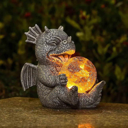 Garden Dragon Statue Solar Powered Outdoor Figurine Light Decor Cute and Hold Glowing Glass Ball Resin Sculpture Home Decoration for Porch Patio Lawn Farm Yard Housewarming Ornament Gift