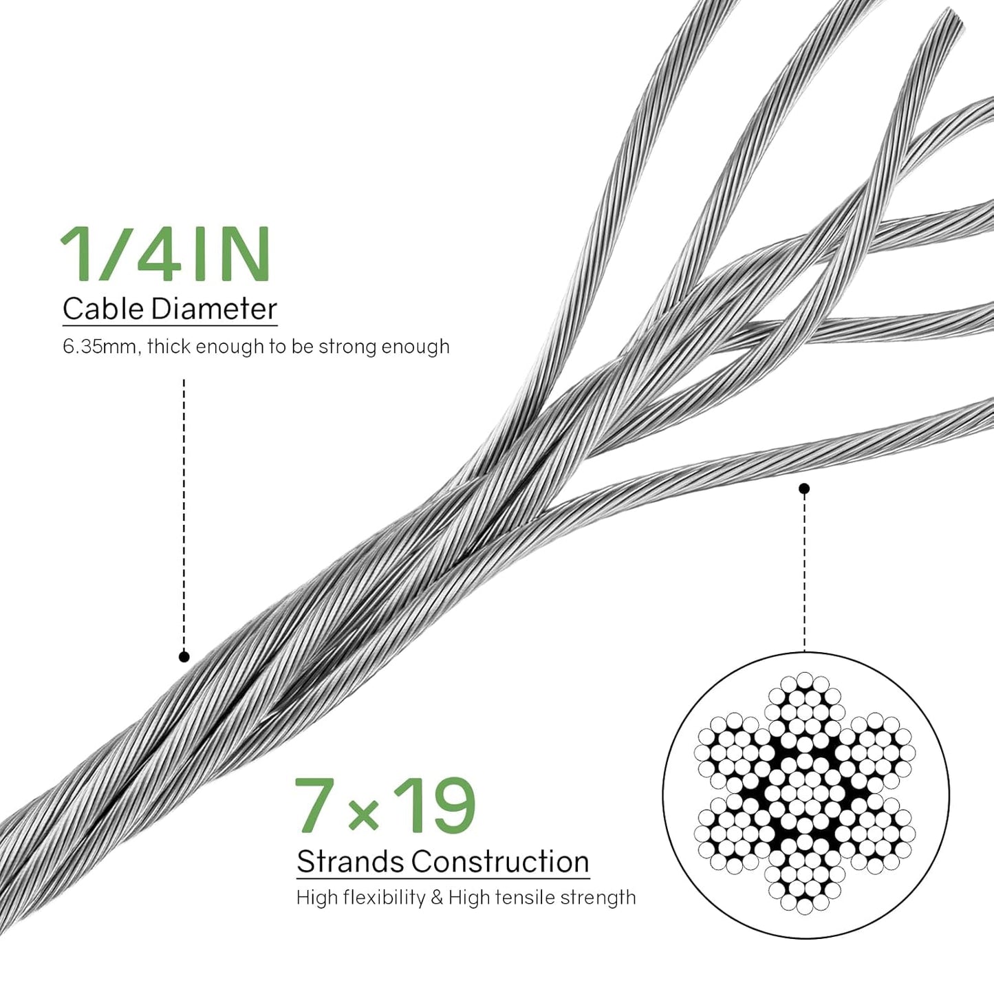 NEREUS 1/4" Stainless Steel Cable 400FT, 7x19 Strand Heavy-Duty Wire Rope, 6400 lbs Breaking Strength for Backyard Zipline, Deck Railing, Clotheslines and Outdoor Use