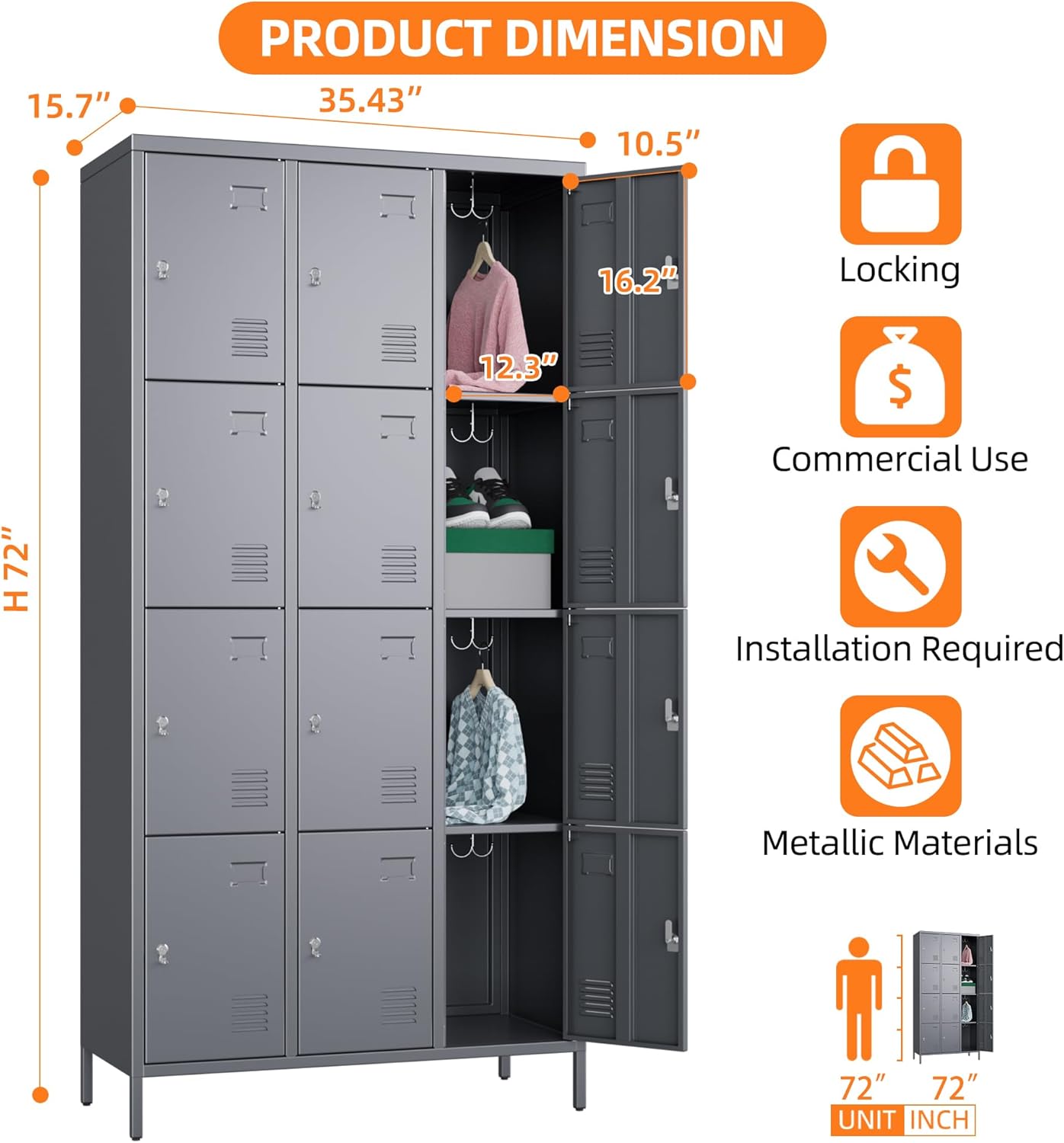 Metal Lockers for Employees with 12 Door and 12 Hooks,Metal Storage Locker with Lock for School Office Gym Bedroom,Assembly Required,Dark Grey