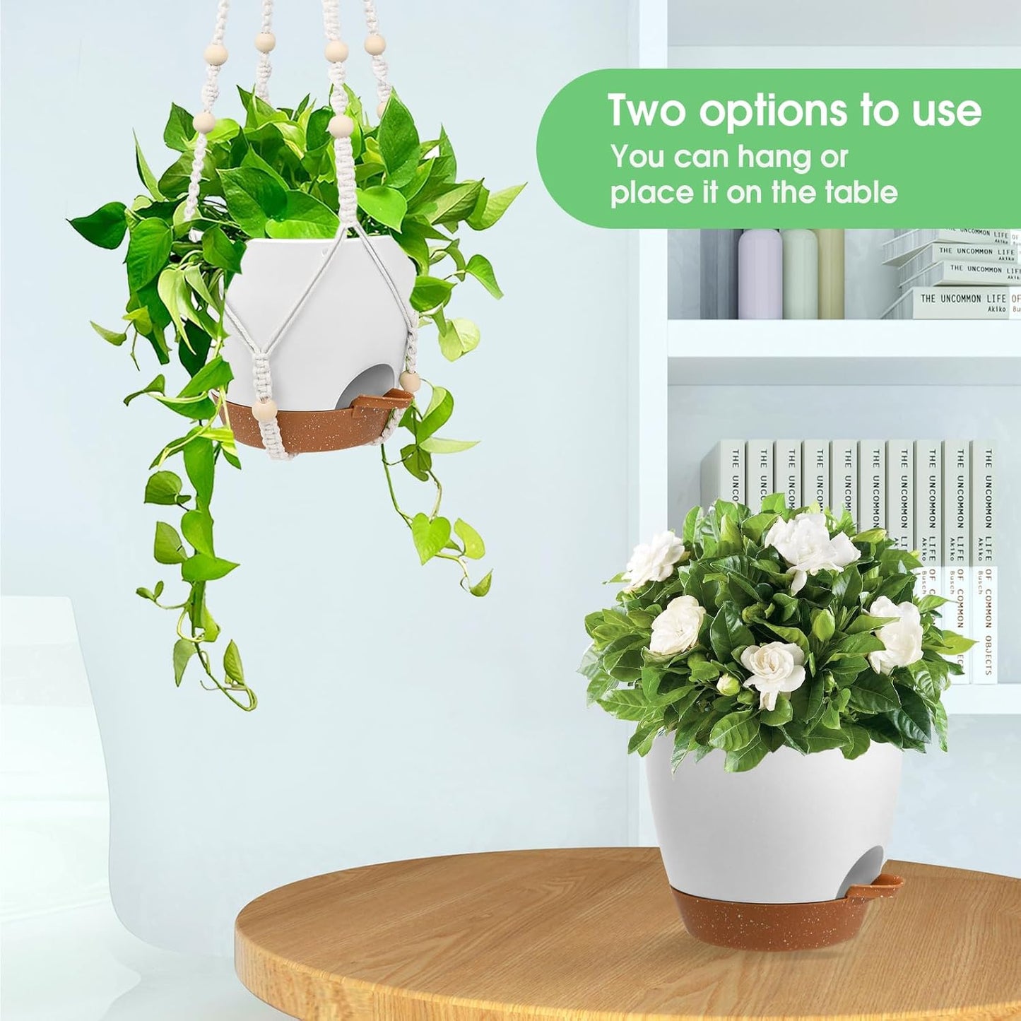 Hanging Planters for Indoor Outdoor Plants, 2 Pack Self Watering Hanging Pots, Hanging Plant Baskets with Drainage Holes & 2 Types of Plant Hangers (Green, 6'')
