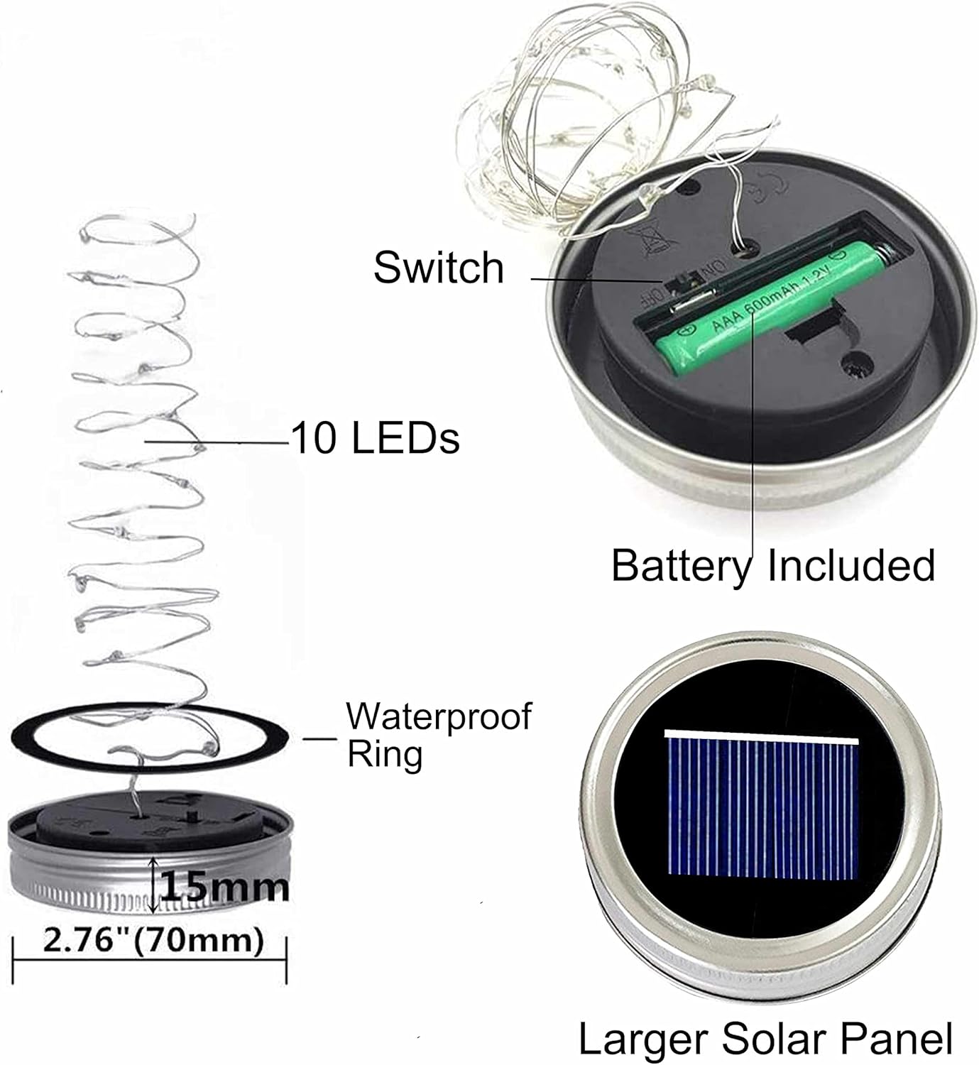 Decorman Solar Mason Jar Lid Lights, 6 Pack 10 LED Waterproof String Fairy Star Firefly Jar Lids Lights for Patio Garden Yard Lawn Party Wedding Christmas Decoration(Jars & Hangers Not Included)